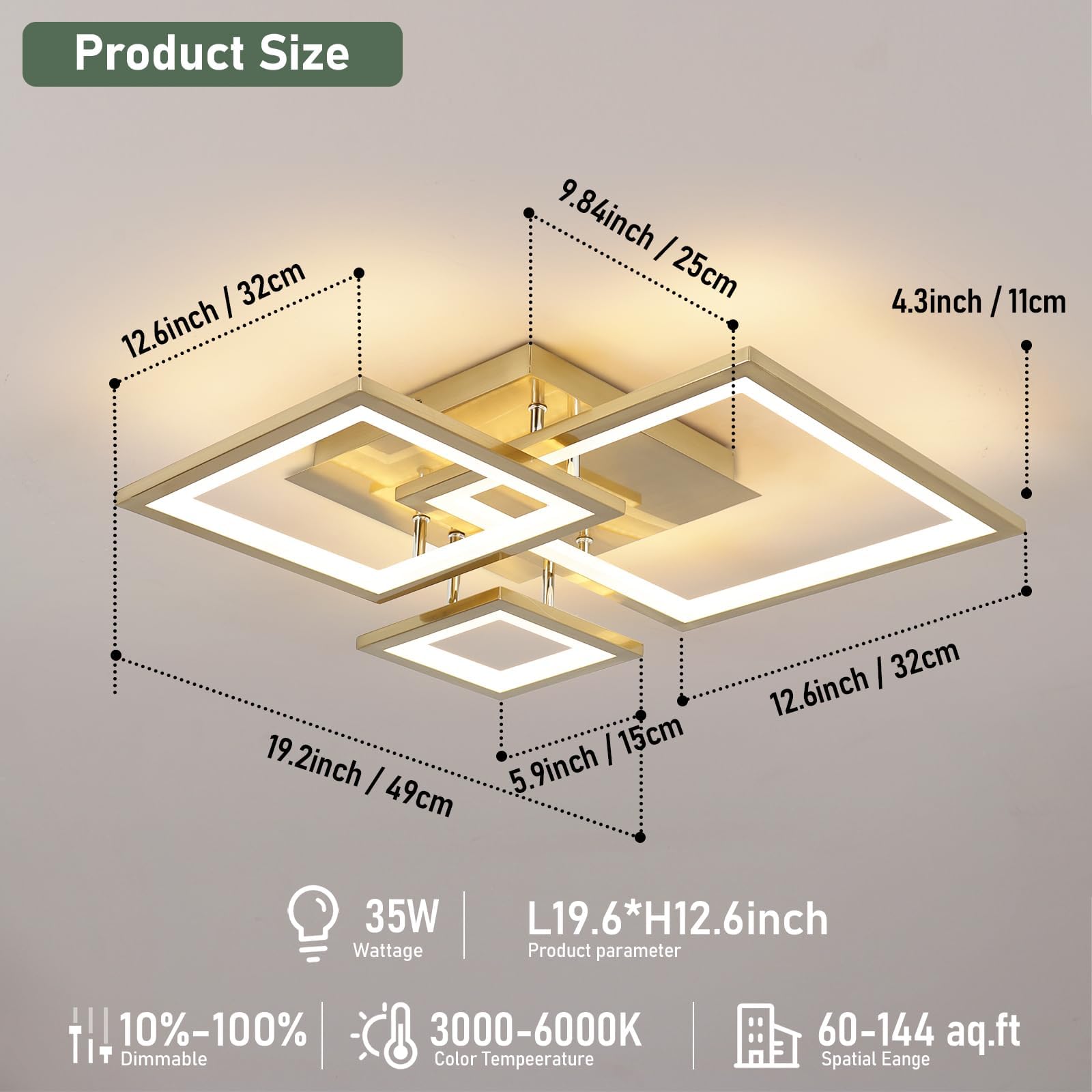 EIDISUNY Modern Led Ceiling Light 3-Square Design 3000K-6500K LED Dimmable Ceiling Lights with Remote Control Gold Ceiling Lighting Fixture for Bedroom Kitchen Dining Room Office Living Room - Image 3