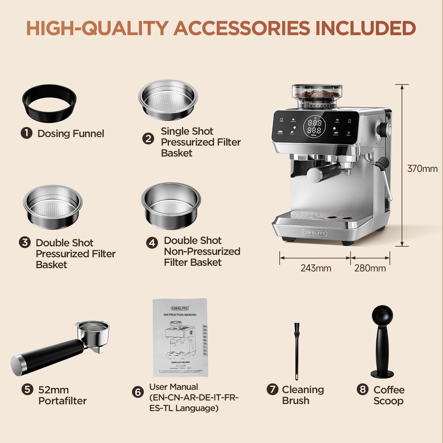 CAFELFFE MK-903 profesjonalny ekspres do kawy 20 barów z wbudowanym młynkiem, funkcja parzenia na gorąco/zimno do latte macchiato i cappuccino, zbiornik na wodę o pojemności 1,8 l i moc parzenia 1500