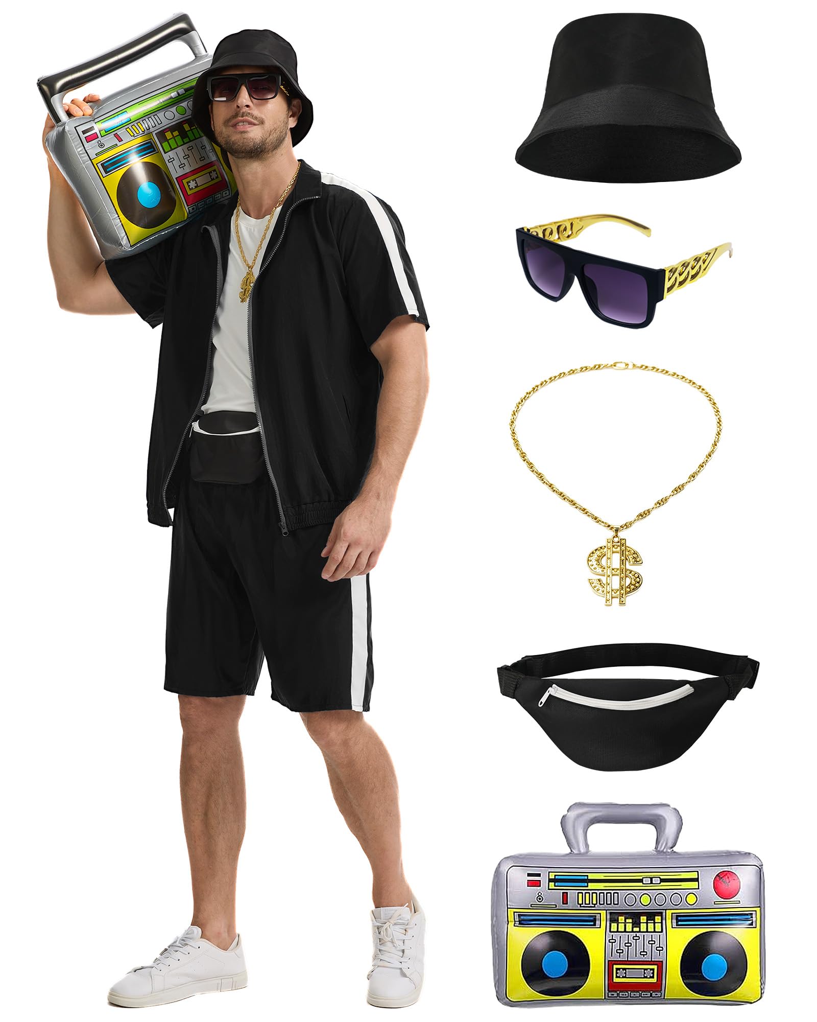Crubelon 80s 90s Hip Hop Costume Set for Men, Rapper Tracksuit Outfit with Accessories, Retro Street Dance Party Fancy Dress, Stand Collar Jogging Suit (Schwarz, XXXL)