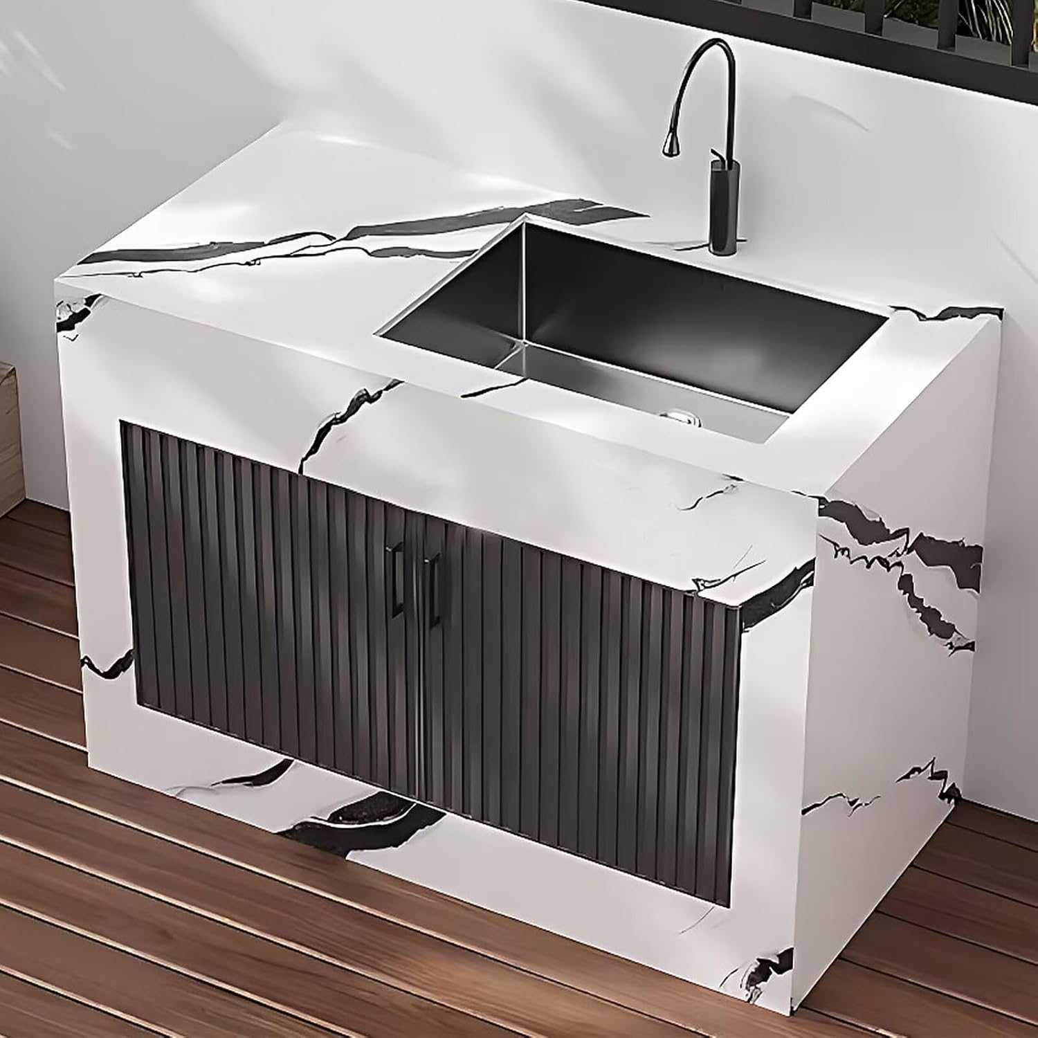 Outdoor Kitchen Cabinet with White with Pattern Slate Countertop,Sink Cabinet Includes Stainless Steel Sink,Black Grille Striped Door,Ample Storage Space for Balcony,Outdoor(47.24IN)