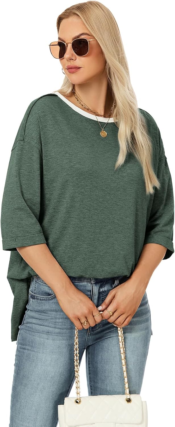 Womens Oversized Fall Tops Half Sleeve Drop Shoulder Crew Neck Summer Tee Shirt Loose Fit Basic Shirts - Image 4