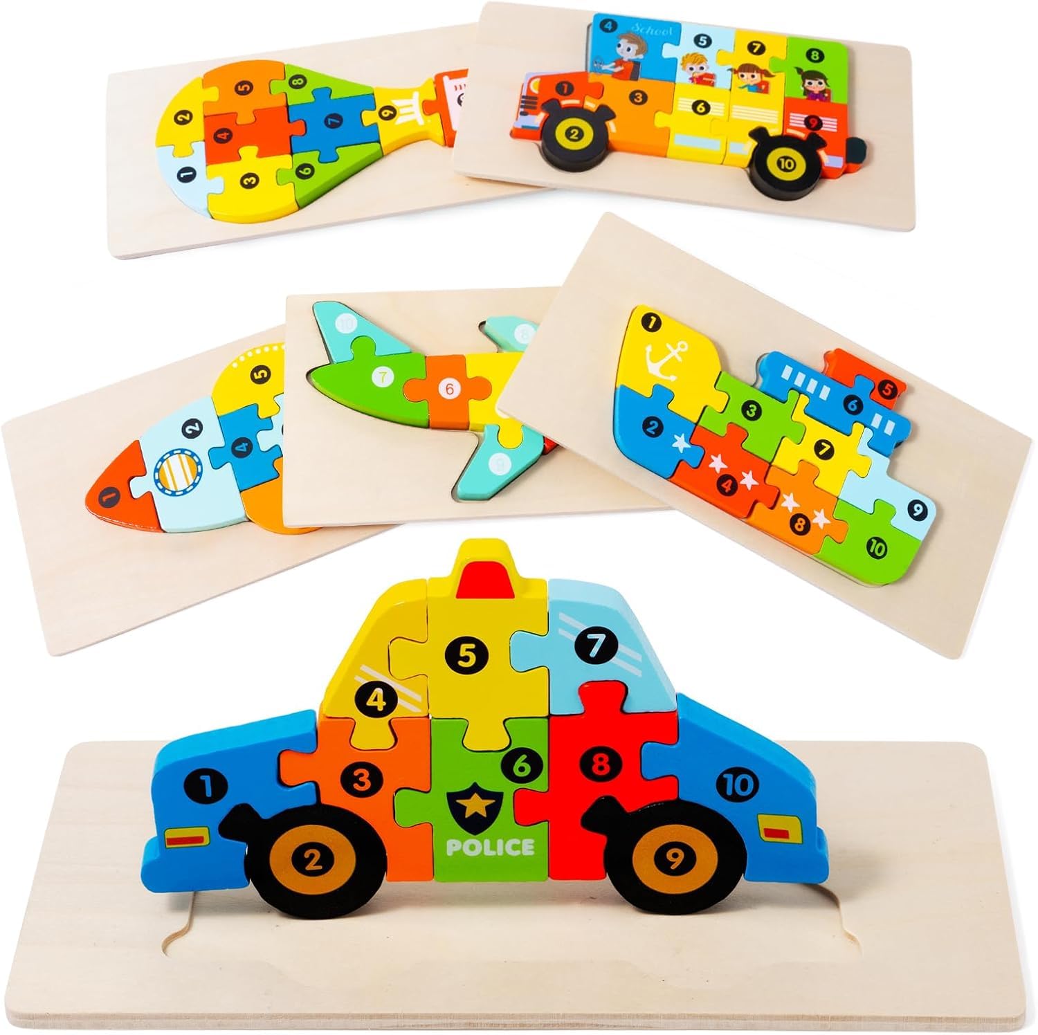 YySiRui 6 Pack Wooden Vehicle Toddler Puzzles for Kids Ages 3 4 5 6, Baby Montessori Toys for Kids Age 3 Years+, Transport Vehicles Learning Jigsaw