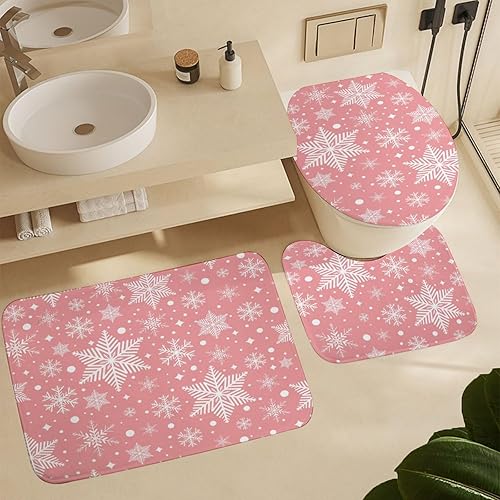Juego de 3 alfombras de baño de Navidad con copos de nieve rosados, antideslizantes, absorbentes, en forma de U, cubierta de tapa de inodoro, disponible en Yaxa Venezuela
