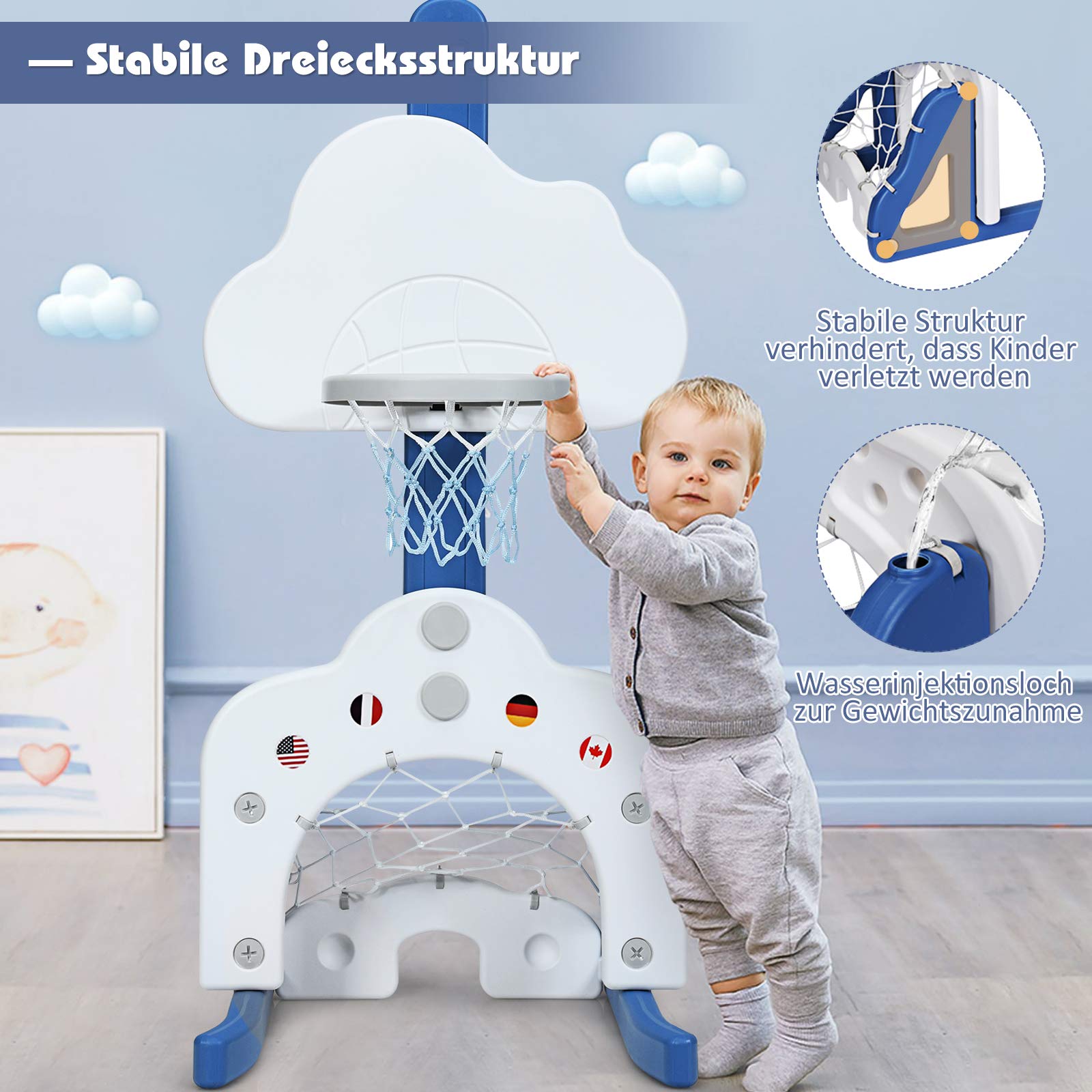 COSTWAY 3 in 1 Kinder Basketballkorb, Basketballständer höhenverstellbar mit Fußballtor & Basketball & Golf, inkl. Bälle und Golf Club, Indoor & Outdoor Spielplatz für Kinder ab 2 Jahren (Weiß)