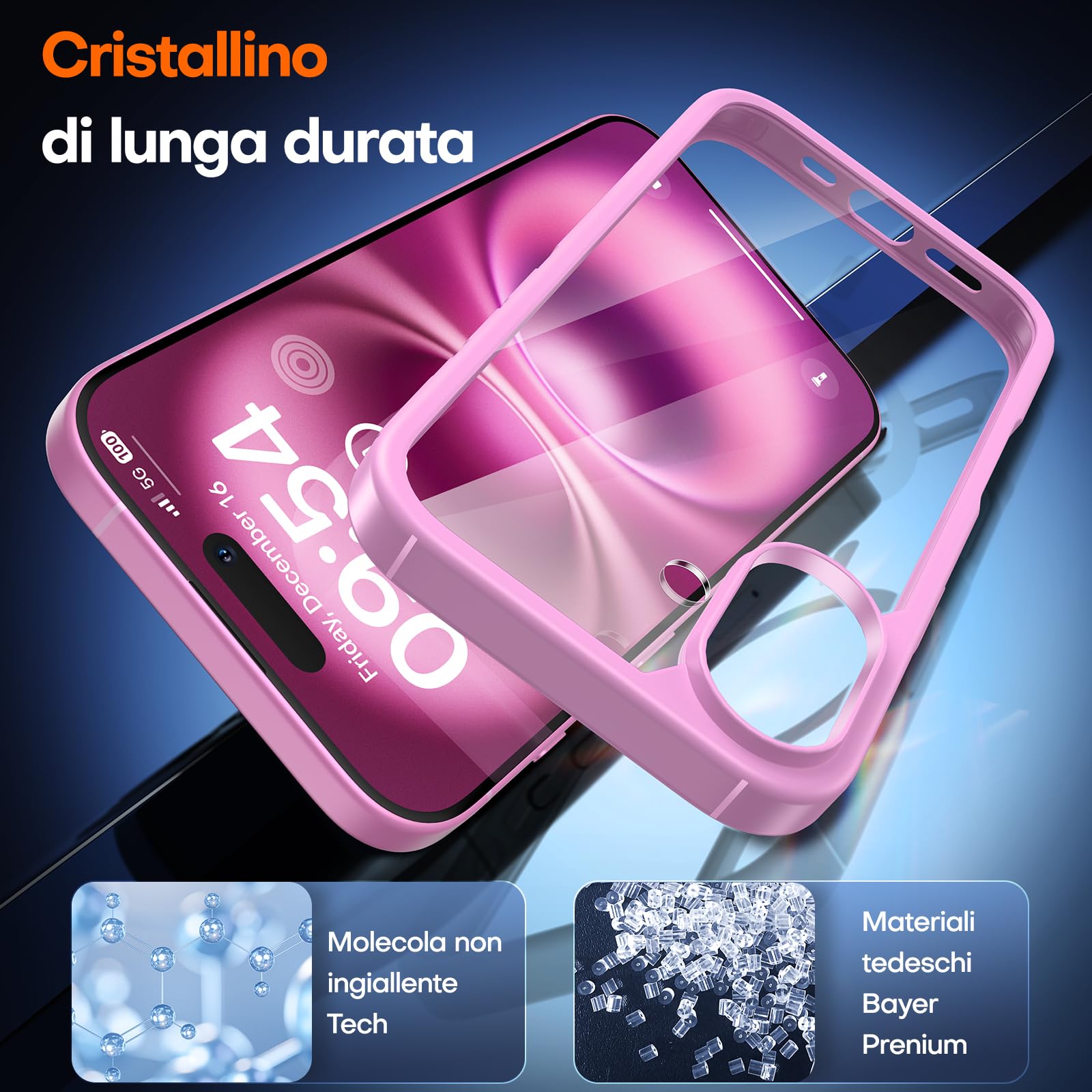 TAURI 3 in 1 Cover per iPhone 16 Plus, 1 Custodia [Anti-Giallo] + 2 Pellicole Vetro Temperato, Sottile Antishock, Anticaduta - Rosa Viola