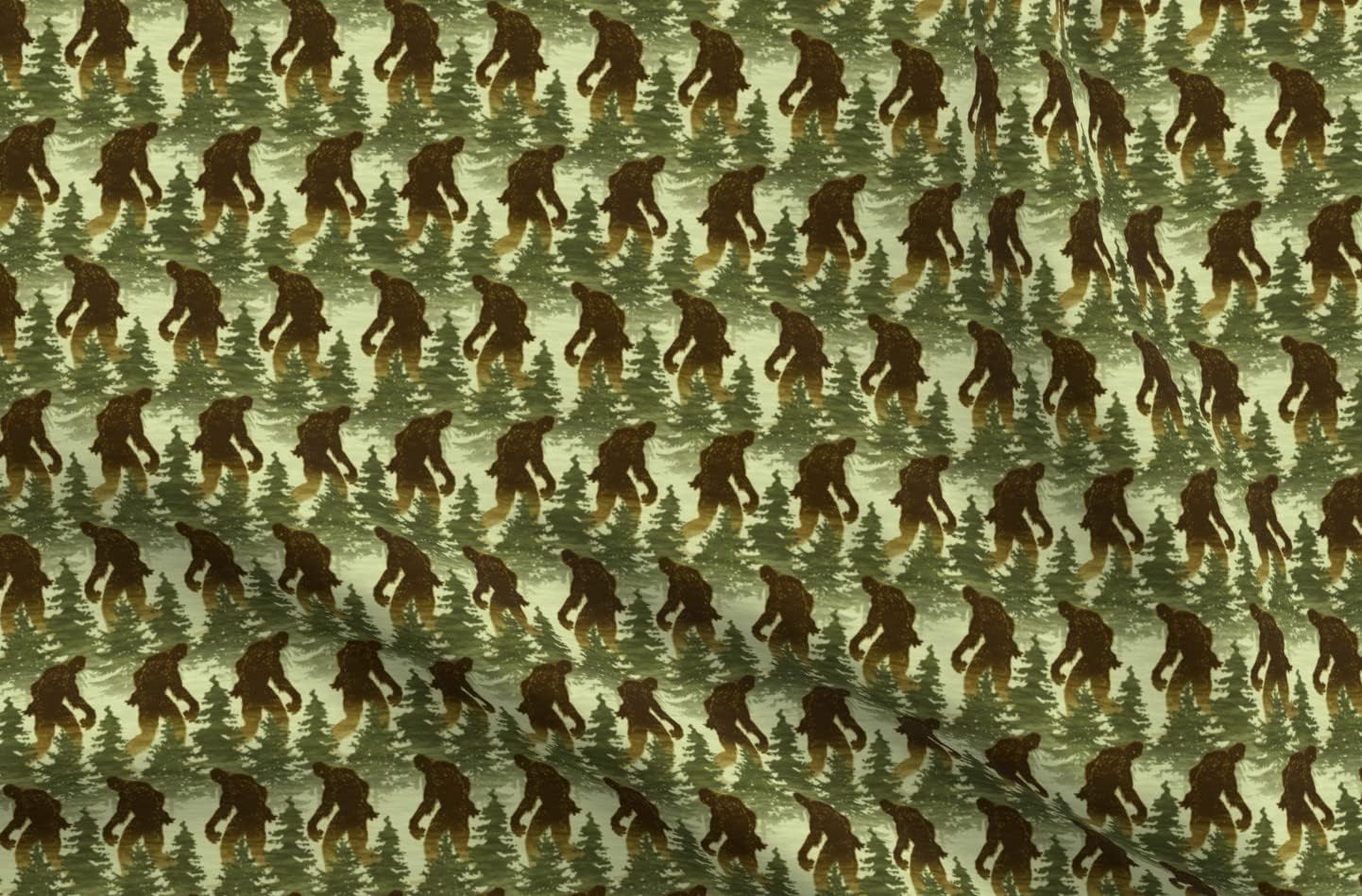 Spoonflower Fabric - Bigfoot Large Forest Sasquatch Mountains Trees Woods Printed on Organic Cotton Sateen Fabric by The Yard - Sewing Quilting Apparel Home Decor