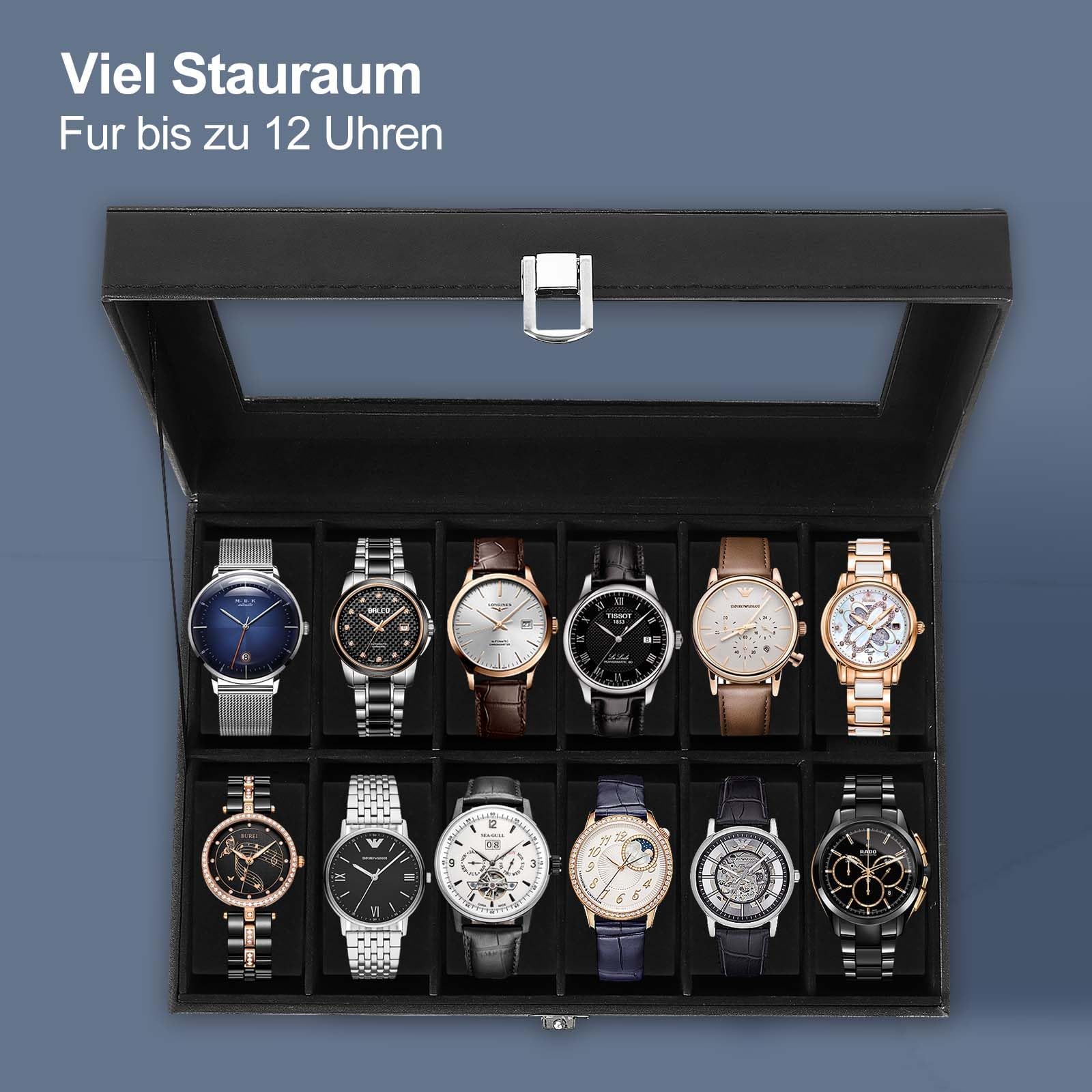Boîte à Montres à 12 Emplacements, Coffret à Montres,Présentoir à Montres,avec Couvercle en Verre,Coussinets Amovibles,Cadeau pour Homme,Boîte Rangement Montre pour Hommes Femmes,Noir
