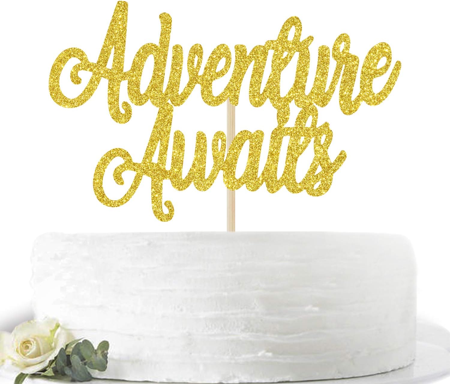 Adventure Awaits Cake Topper, 2024 Graduation Congrats Grad - New Chapter New Beginning - Graduation/Retirement/Baby Shower Party Decoration Supplies, Gold Glitter