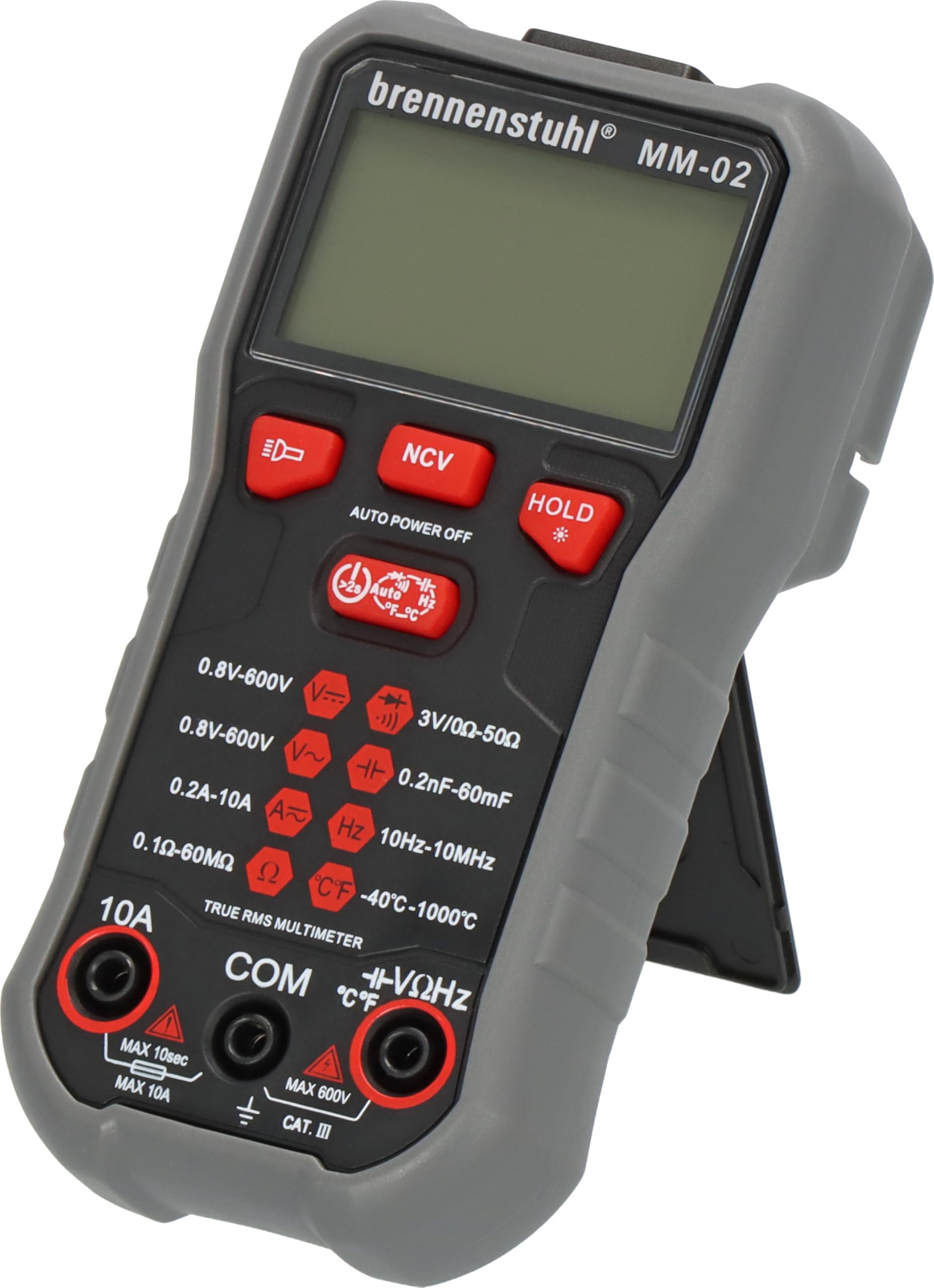 Brennenstuhl Multímetro MM-02 con ajuste automático del rango de medición (tensión CA/CC, corriente CA/CC, resistencia, temperatura, diodo, continuidad, capacitancia, frecuencia y NCV, True RMS, luz)