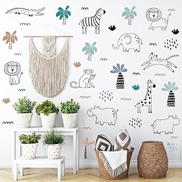 Jungle Safari Animal Wall Decals 78PCS Peel & Stick Vinyl Stickers with Giraffe, Lion & Elephant, 8 Sheet Removable Reusable Nursery Decor for Kids Bedroom, Playroom & Kindergarten