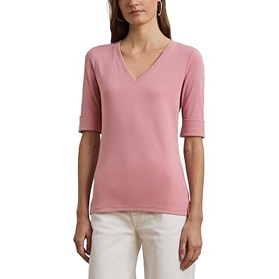 Lauren Ralph Lauren Stretch Cotton Elbow Sleeve V Neck T Shirts Women