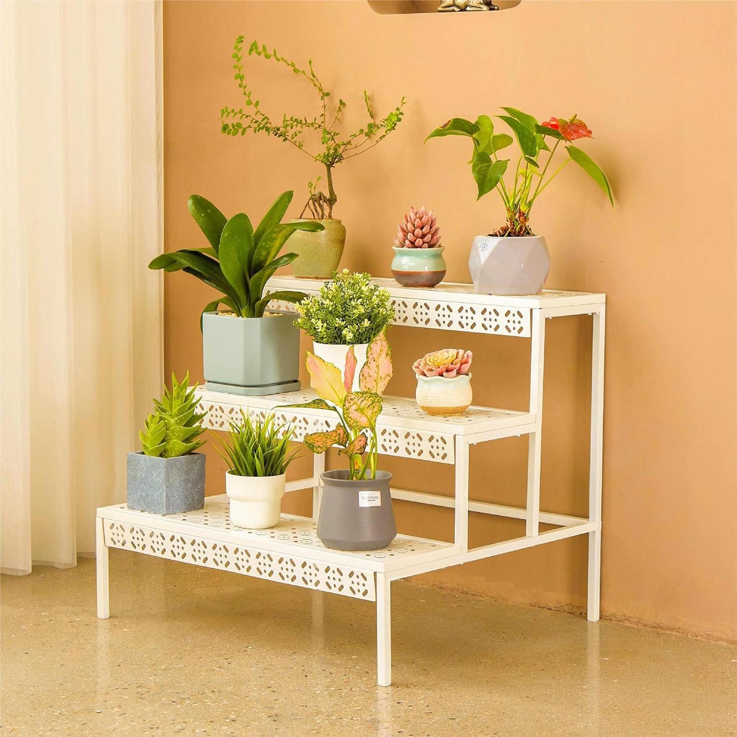 Huhote Scala per fiori in metallo a 3 gradini, per giardino, balcone, interni ed esterni, multifunzionale con grande capacità, bianco