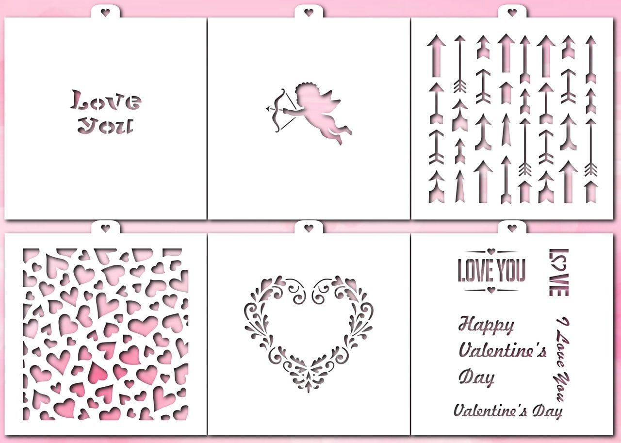 Cookie Stencil Set I Love You, 6 pcs: Hearts, Angel, Lettering, Valentine, Arrows