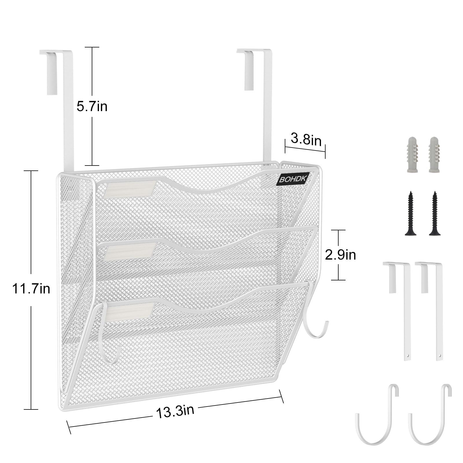 BOHDK Organizer da parete, 3 cartelle portadocumenti da appendere a pneumatici, organizer verticale in rete metallica per porta/parete, organizer per documenti cartacei con ganci, per casa e ufficio