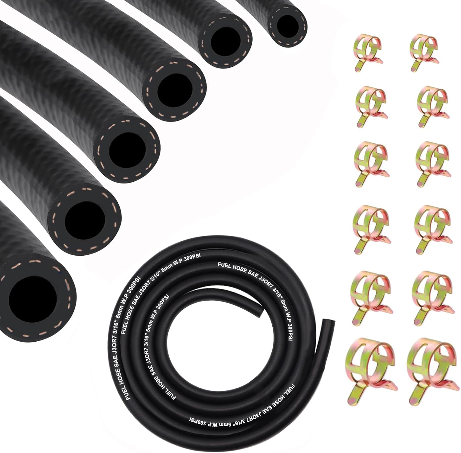 6.6Ft Fuel Line Hose Kit 6PCS with 60Pcs Clamps, 3/8",5/16",1/4",1/2",3/16",0.14" ID High Performance 300PSI NBR Rubber for Automotive, Small Engines, ATV, Push Lock Reinforced