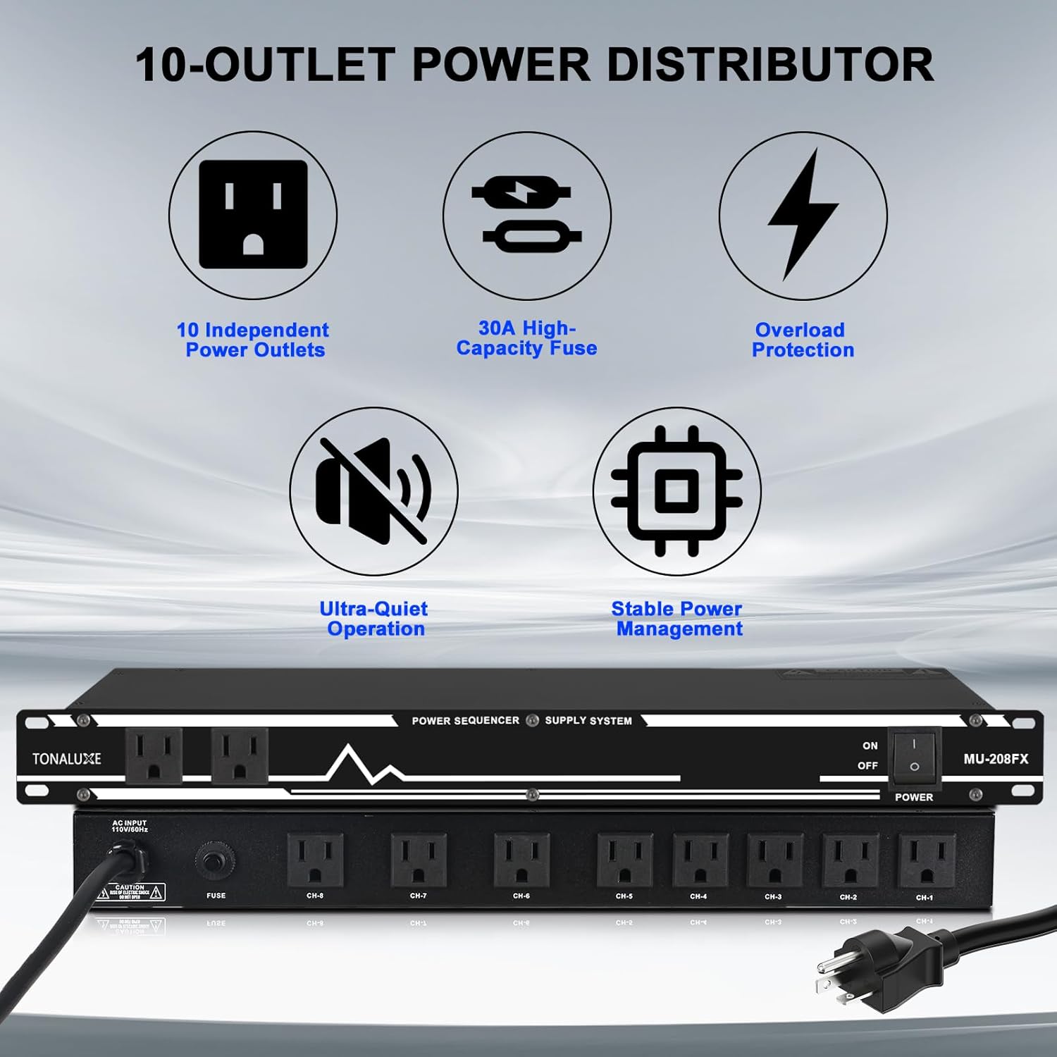 Power Conditioner for Audio Equipment, 10 Outlets 30A Rack Mount Audio Digital Pro Power Supply Controller Regulator for Home Theater Sound System Stage Studio (MU-208FX)
