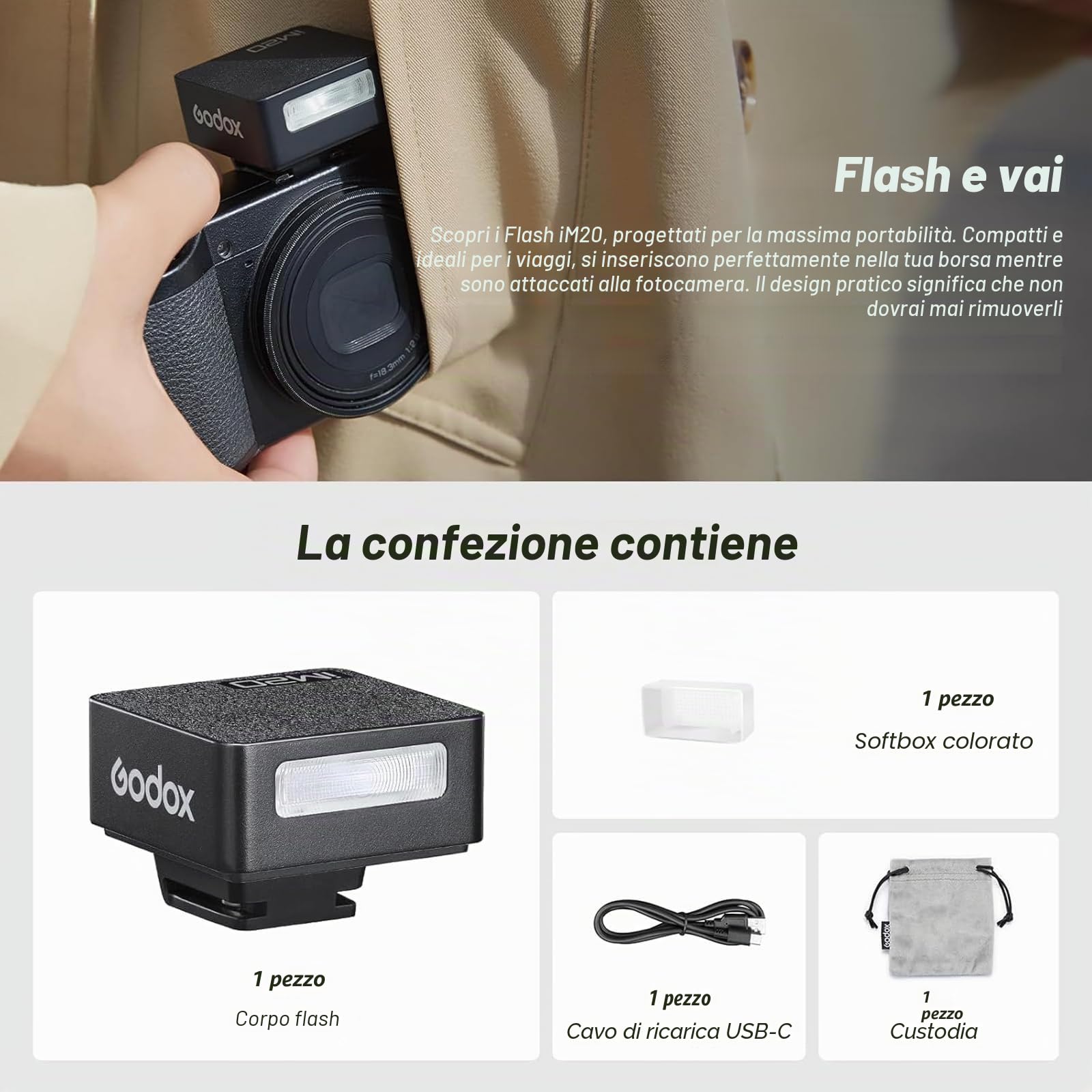 Godox iM20 Mini Flash Speedlite per Fotocamera 470 mAh Tipo-C 440 flash 3s Riciclo 5 Livelli Potenza per Sony ZVE10 ZV1 A7III Ricoh GR3 Fujifilm F1