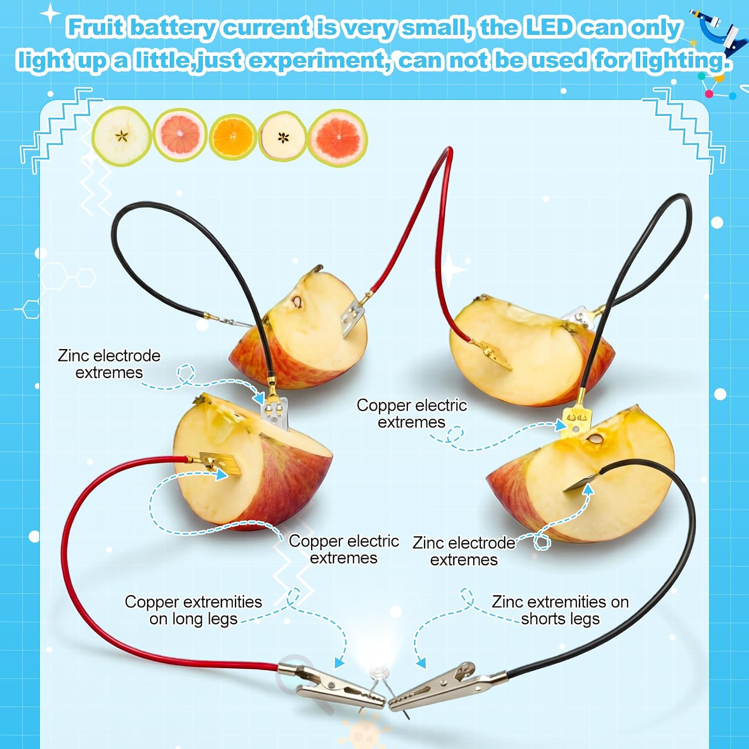 Soulchen 12 Sets Fruit Battery Scientific Experiment Kit with Electronic Clock for Home Teaching Accessories, Orange Lemon Potato Battery Physics Teaching Experiment Educational