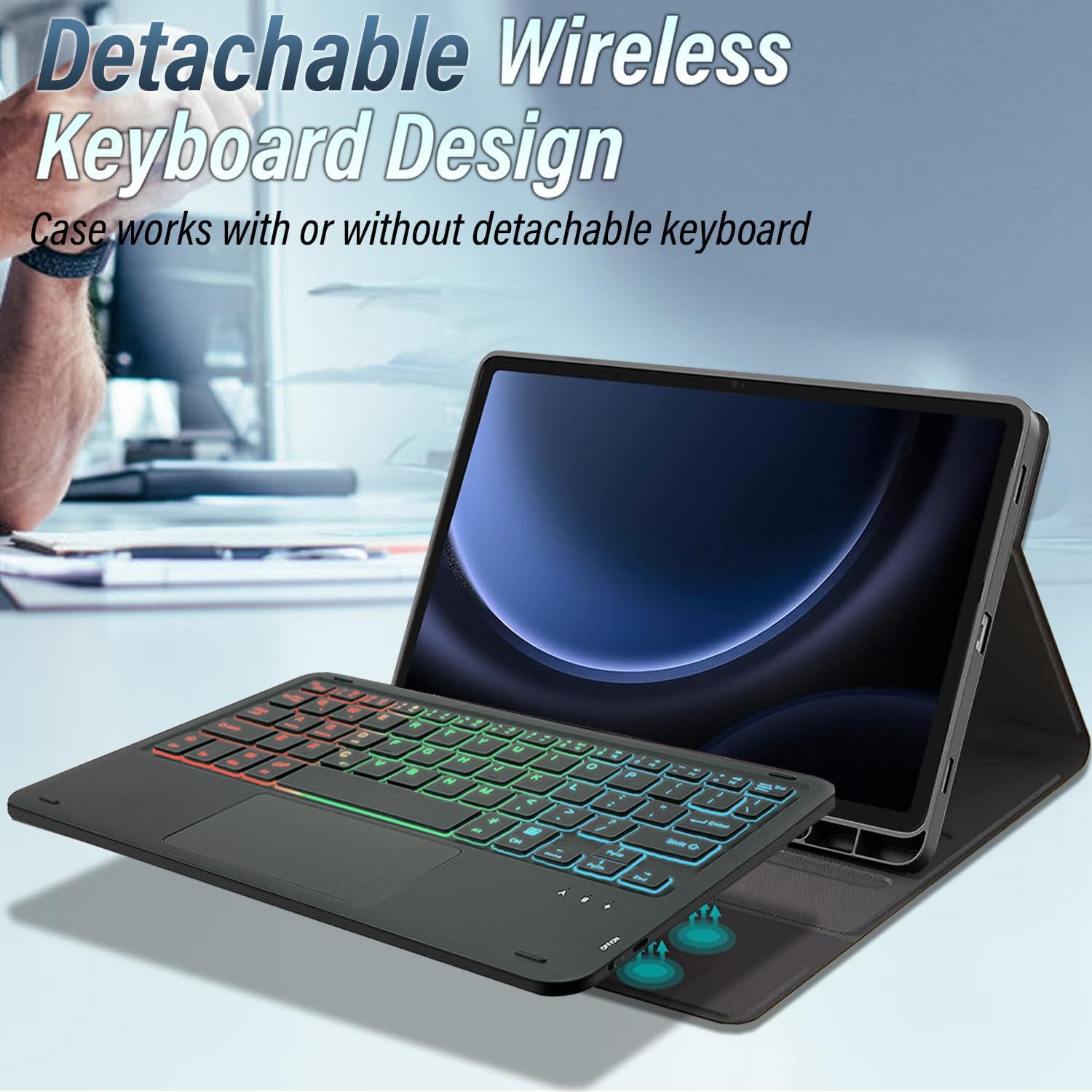 Backlit Touchpad Keyboard Case for Samsung Galaxy Tab S10 Lite / S10 FE / S9 FE 10.9-Inch / S9 11-Inch, 3-Zone Rainbow Backlight Wireless Keyboard with Slim Stand Cover Case