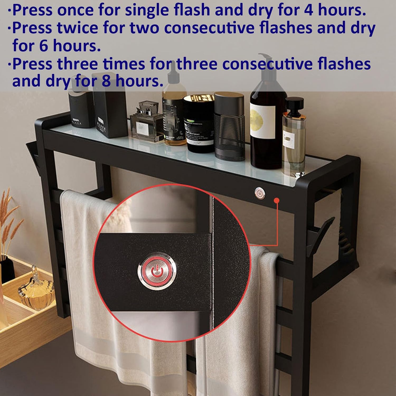 Black,Right Wire,Stainless Steel with Top Shelf,Heated Towel Racks for Bathroom Plug in,Wall Mounted Towel Drying Rack for Blankets Bathrobes image 2