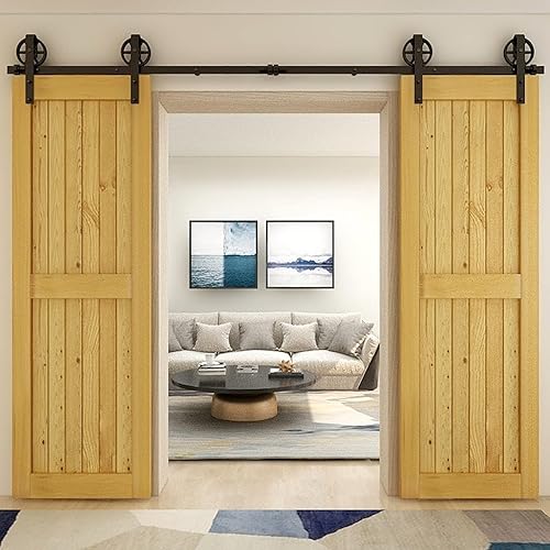 Miniatura 10 de Kit de herrajes para puerta corrediza doble de granero de 11 pies, ajuste suave y silencioso, panel de puerta de 33 pulgadas (gancho de rueda de