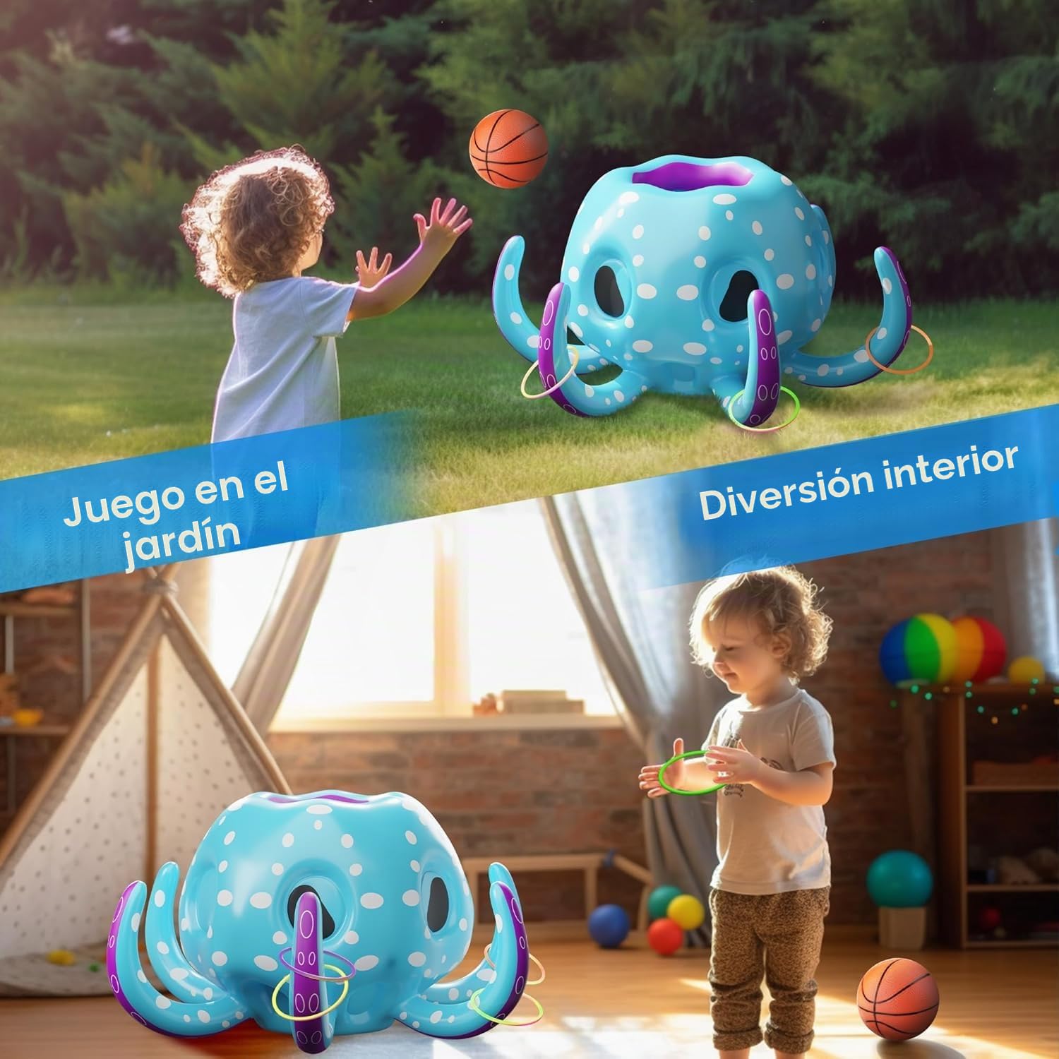 KAHEIGN 80CM Juguetes Inflables para Piscina con Pulpo Forma, 2 en 1 Juegos de Aro de Baloncesto y Lanzamiento de Aros - Juego de Agua Flotante Inflable para Verano Lago Playa Agua Juego Fiesta Regalo