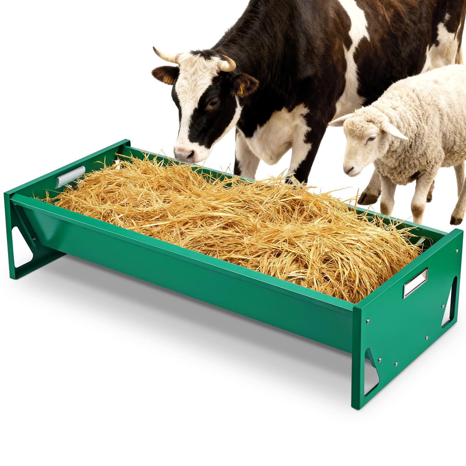 Mangeoire pour ChèVres, 100 Cm Mangeoire en Acier Galvanisé pour BéTail, Mangeoire Portable de Grande Capacité pour Fermes, Alpagas, ChèVres, Veaux, Moutons, Chevaux, Cerfs (Vert Foncé)