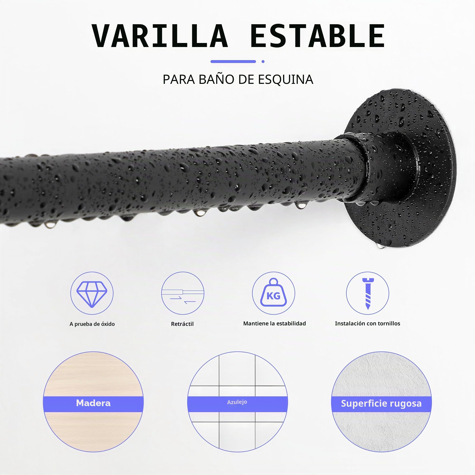 Barra Cortina Ducha en Forma de L, Barra Ducha Extensible Esquina 62–94 x 141–174 cm, Acero Inoxidable, Con 16 Anillas para Cortina, Negro
