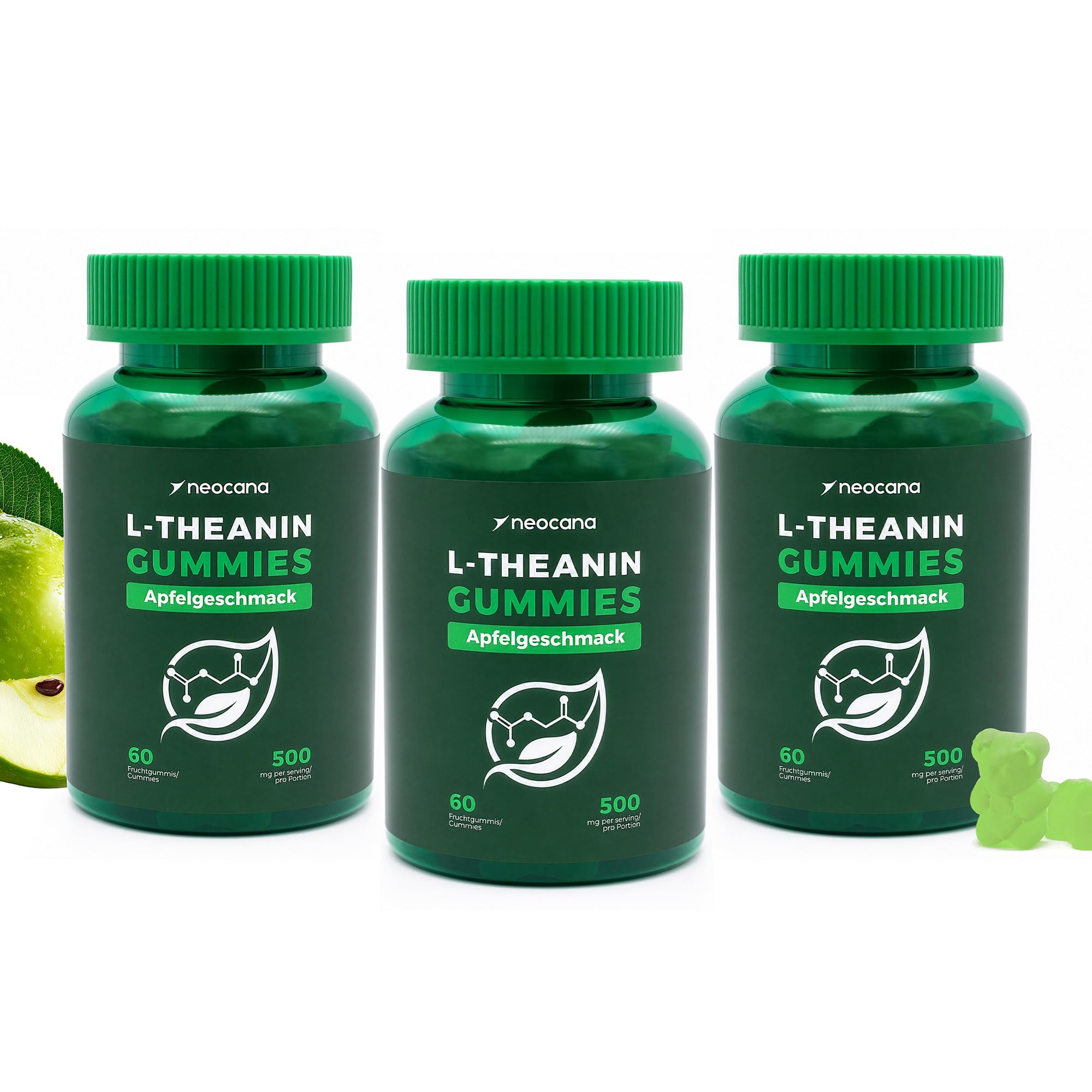 3er Pack L-Theanin Gummies 500 mg pro Portion – Apfelgeschmack - Hochdosierte vegane L-Theanine Fruchtgummis mit Kamillenextrakt, Magnesium, Rhodiola & Lavendel - Nahrungsergänzungsmittel - 60 Stück