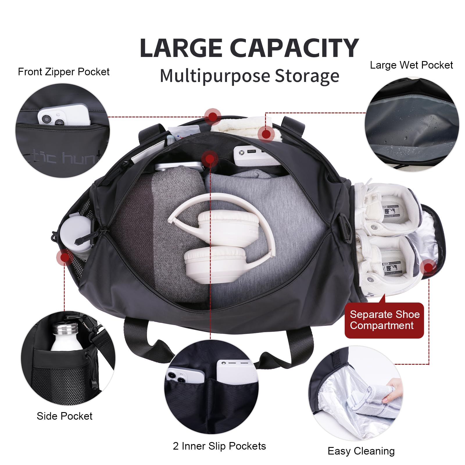 ARCTIC Hunter - Bolsa de deporte pequeña para hombres y mujeres, con compartimento para zapatos, ideal para deportes, viajes y viajes nocturnos, color negro, Negro -, 19.1*6.3*12.6 inch, Deporte