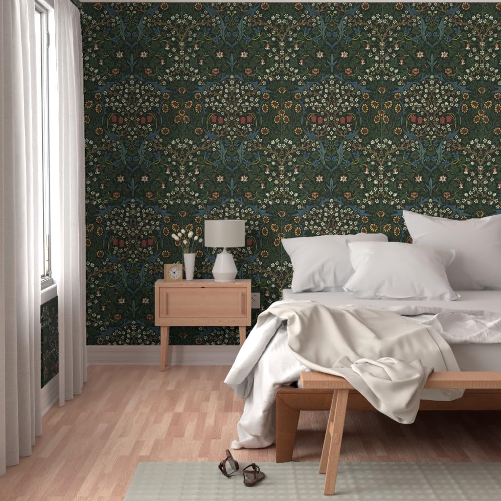 Spoonflower Peel & Stick Wallpaper 3ft x 2ft - William Morris Vintage Antique Victorian Tulips Damask Evergreen Forest Green Maximalist Folk Art Custom Removable Wallpaper