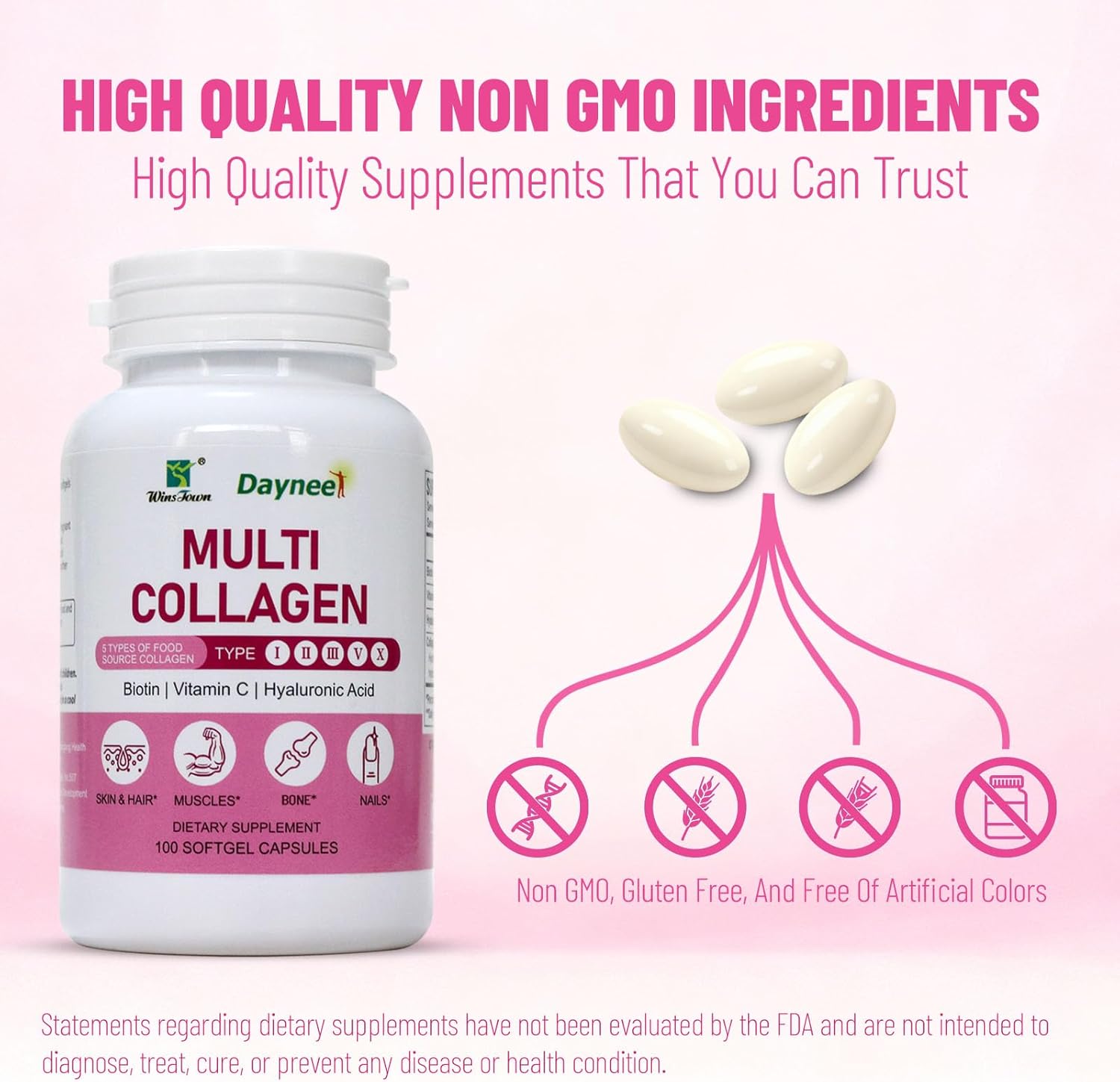 Multi Collagen Peptides Softgels for Women - Type I, II, III, V, X - Hydrolyzed Collagen Pill with Hyaluronic Acid, Vitamin C & Biotin, 100 Count - Image 5