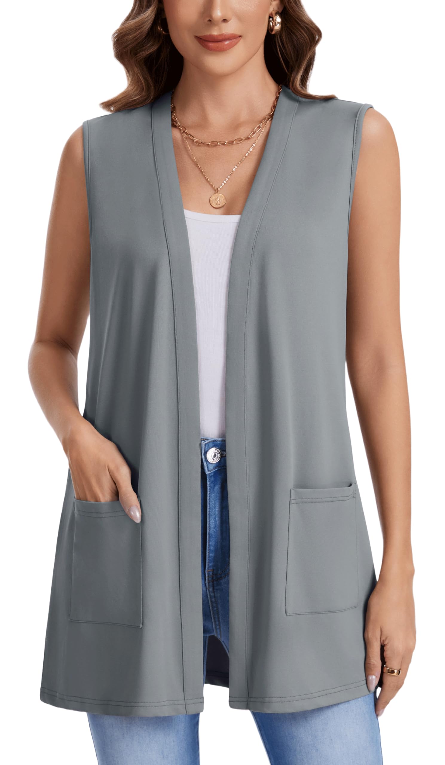 Actcat Damen Ärmellose Strickjacke mit Taschen Leichte Sommer Weste | Sommer Weste,Offene Vorderseite,Leicht & luftig,Lässig elegant,Modern,Stylisch