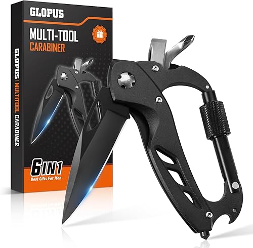 Miniatura 9 de Mosquetón multiherramienta con cuchillo de bolsillo, equipo EDC con cuchillos plegables, abridor de botellas, rompevanas y destornillador, regalos