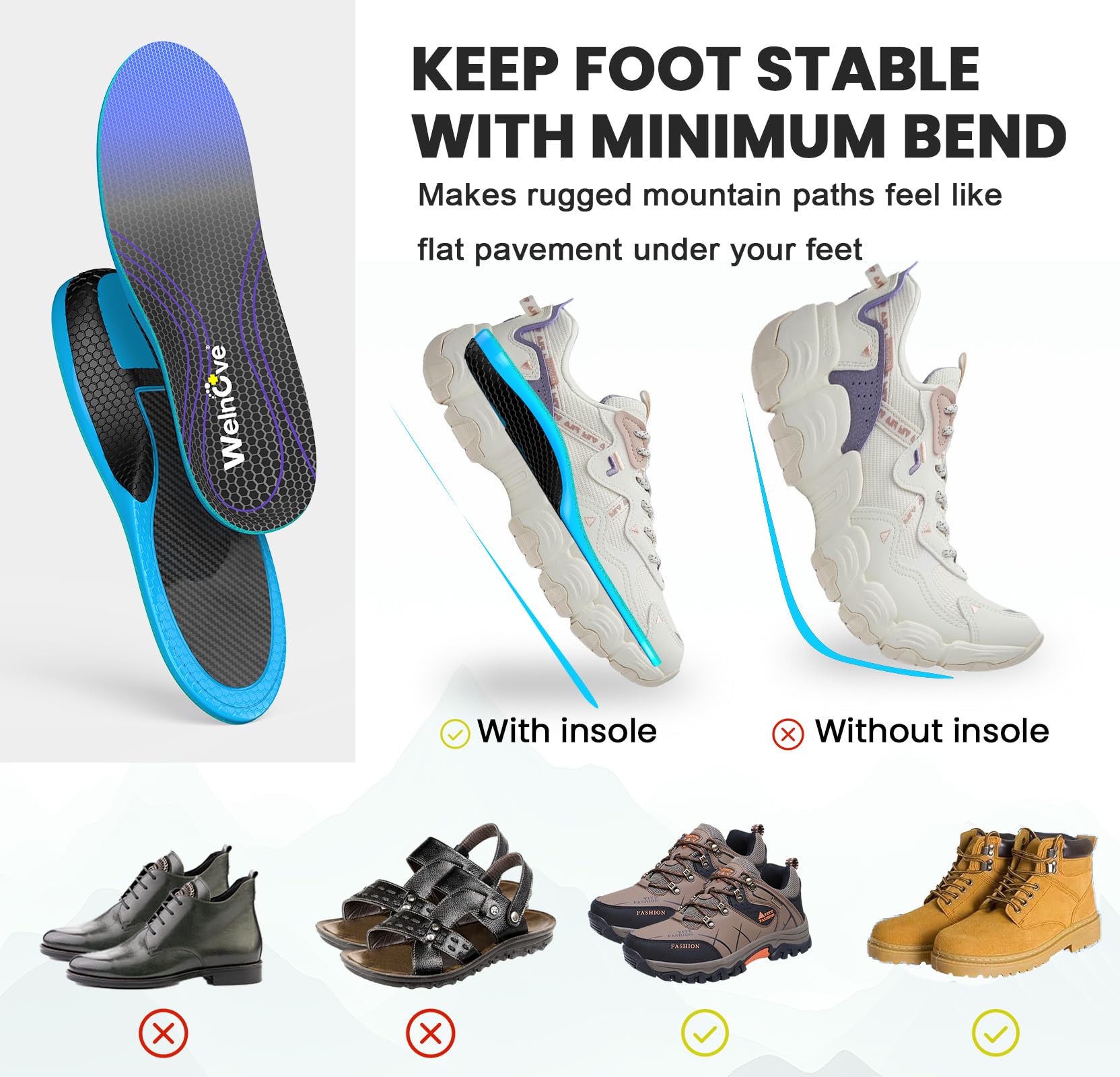 Welnove Plantillas de fibra de carbono para correr - Plantair & Antichoque Soporte para Deportes Intensos - Hombres/Mujeres - (L:41-42.5)