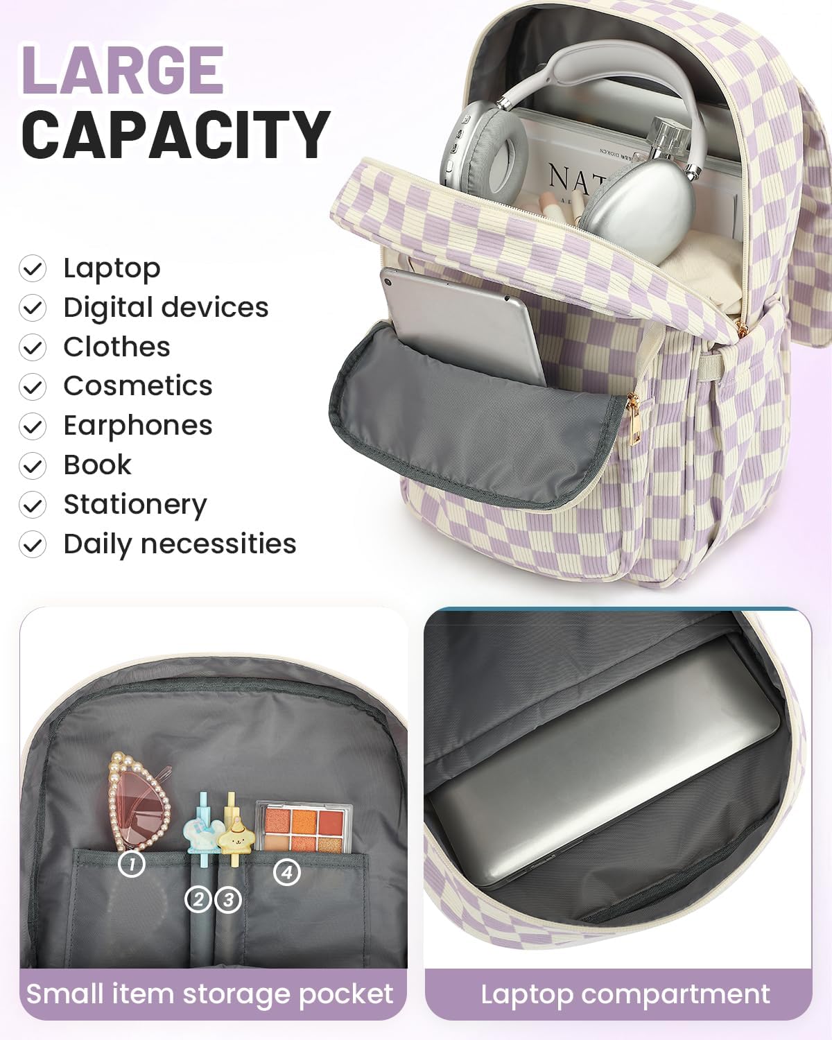 Corduroy Laptop Backpack for Women, Fits 15.6 Inch Computer Bag, College High School Bookbag Travel Daypack Purse, Work Business Bags - Corduroy Checkered Purple - Image 2