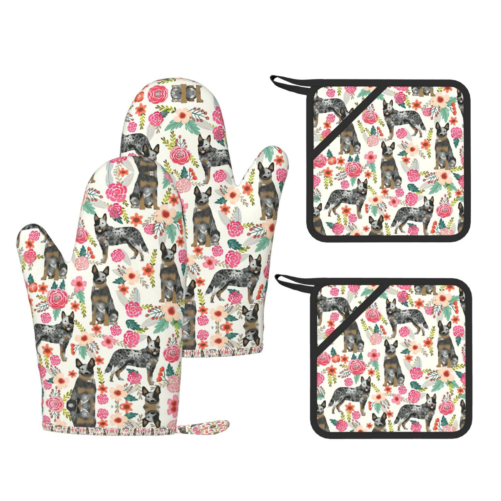 Cattle Dog Florals Printed Oven Gloves and Hot Pads Set of 4, High Heat Resistant Silicone Mitts for Cooking BBQ