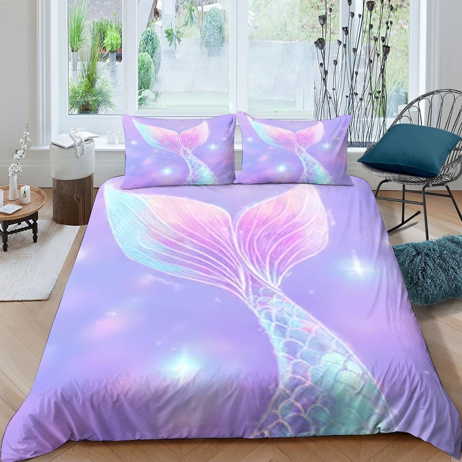 Ctjqhvkz Style-3 3D Printed Fantasy Mermaid Tail Fitted Sheet Microfiber Purple Gradient Bed Cover Slip Resistant For Bedroom Home Decor Single（135X200cm）