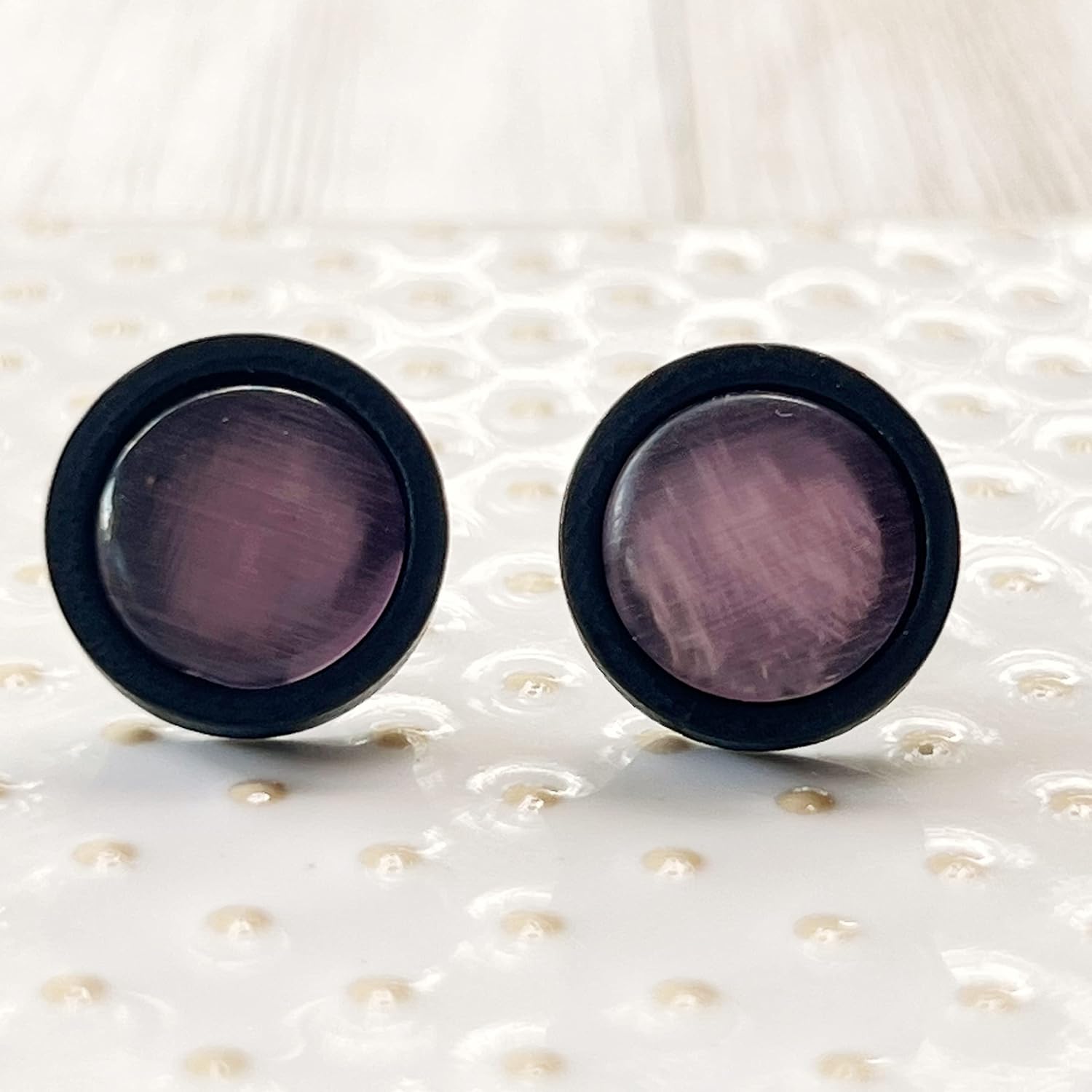 Natural Black Wood Purple Glass Earrings Studs with Stainless Steel, Boho Bridal Mens Unique Earring
