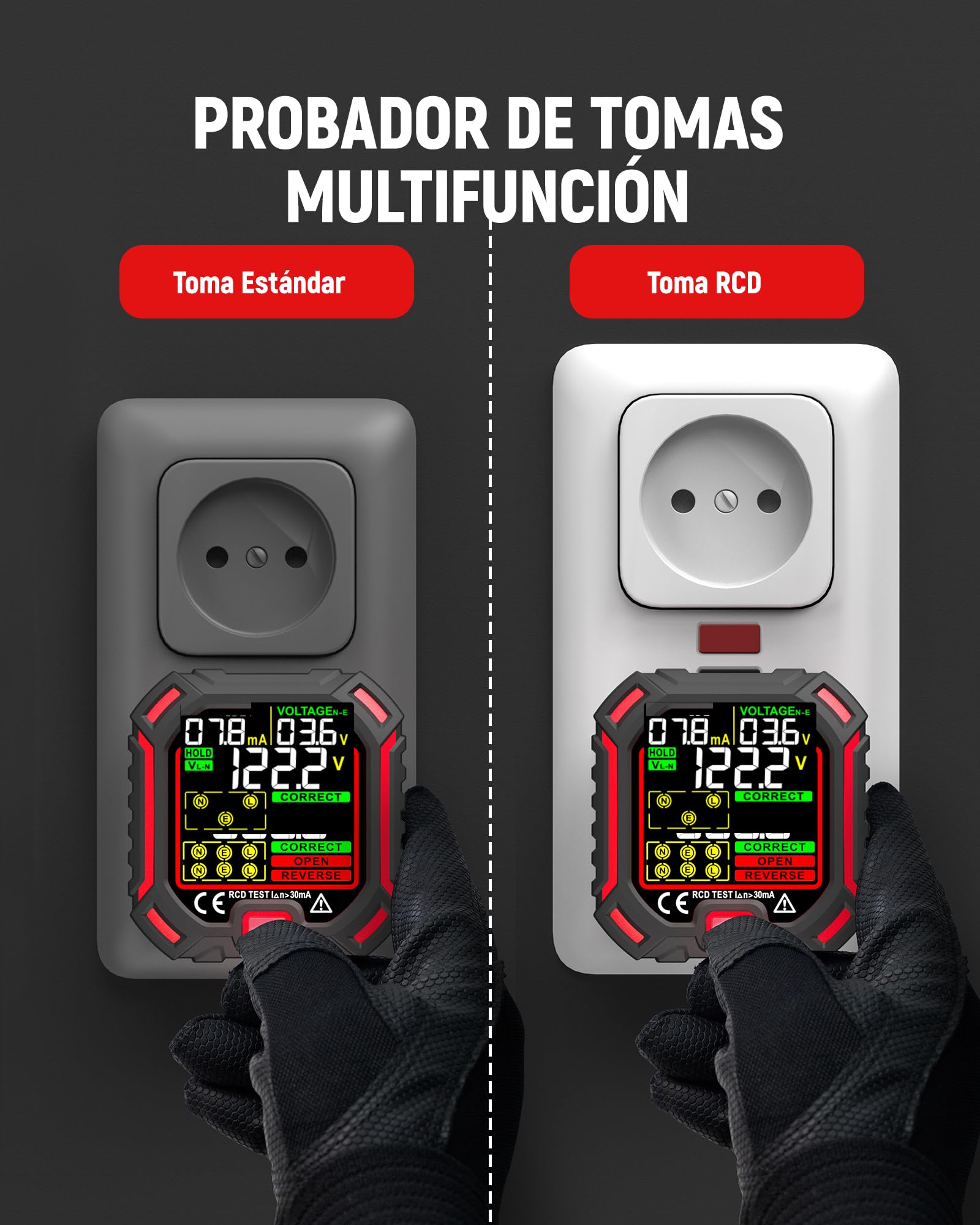 KAIWEETS Comprobador de enchufes con prueba de RCD y pantalla LCD de voltaje, indicador de tensión, 7 pruebas de cableado, medición de tensión de fuga, comprobador de enchufes 200-250 V, CAT II 300 V