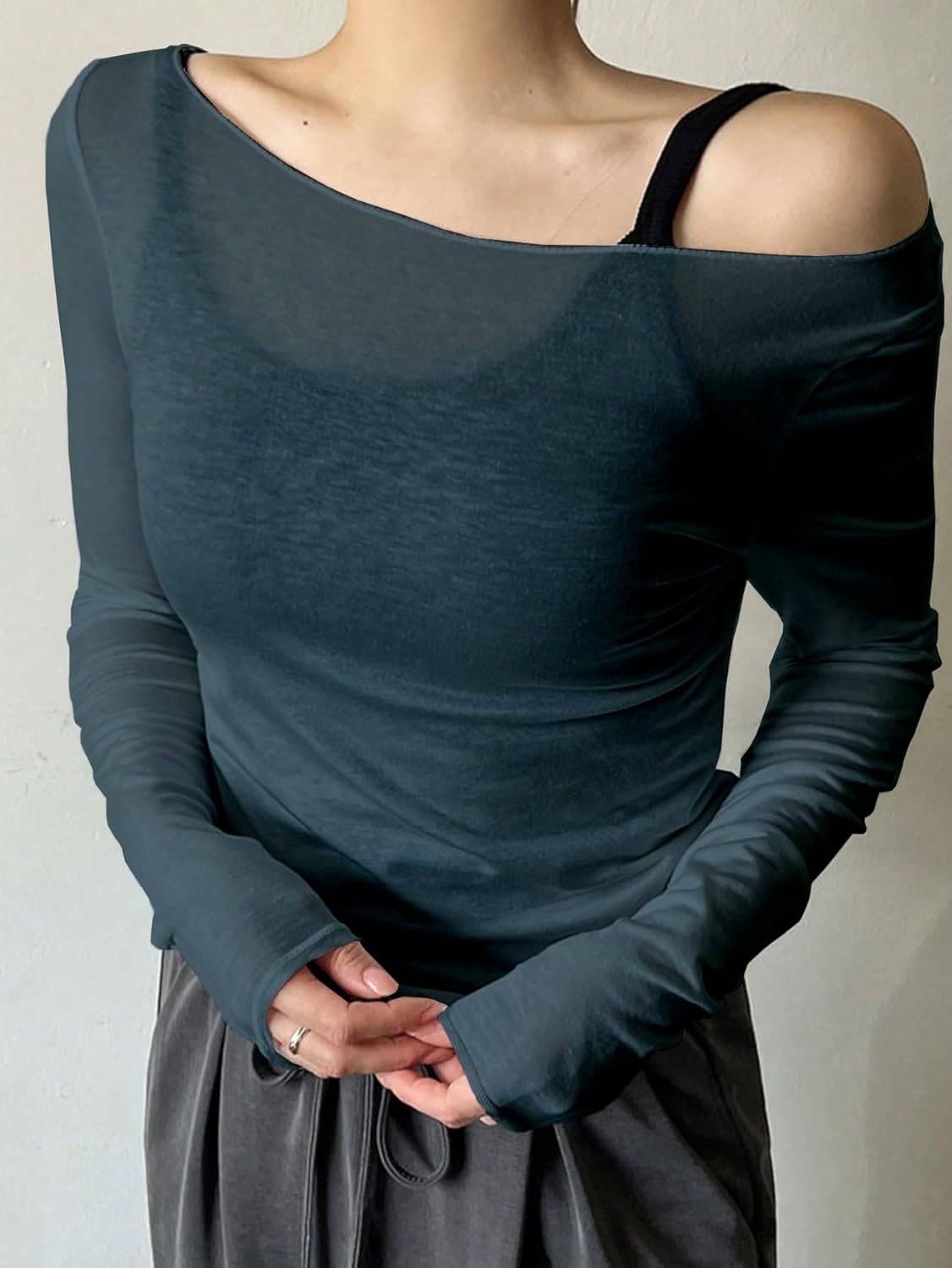 QJQ Women's Sheer Mesh Off The Shoulder Tops Long Sleeve See Through Shirts Going Out Party Club Outfits - Image 2