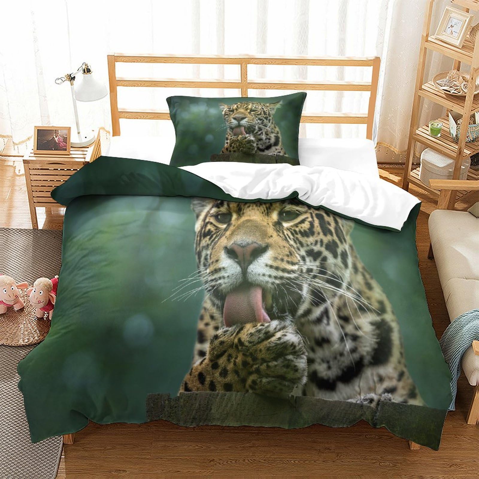P1s9u7w5y Jaguar-3 Realistic Wildlife 3D Printed Leopard Duvet Cover Set 3Pcs Microfiber Jungle Bedding Set Single（135X200cm）