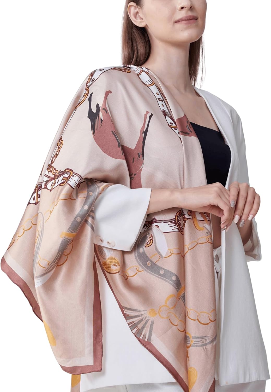 Tayri 100% Pure Equestrian Silk Scarf – 43'' Flowy Large Square Western Shawl for Men & Women, Horse Print Shoulder Wrap in Neutral Beige