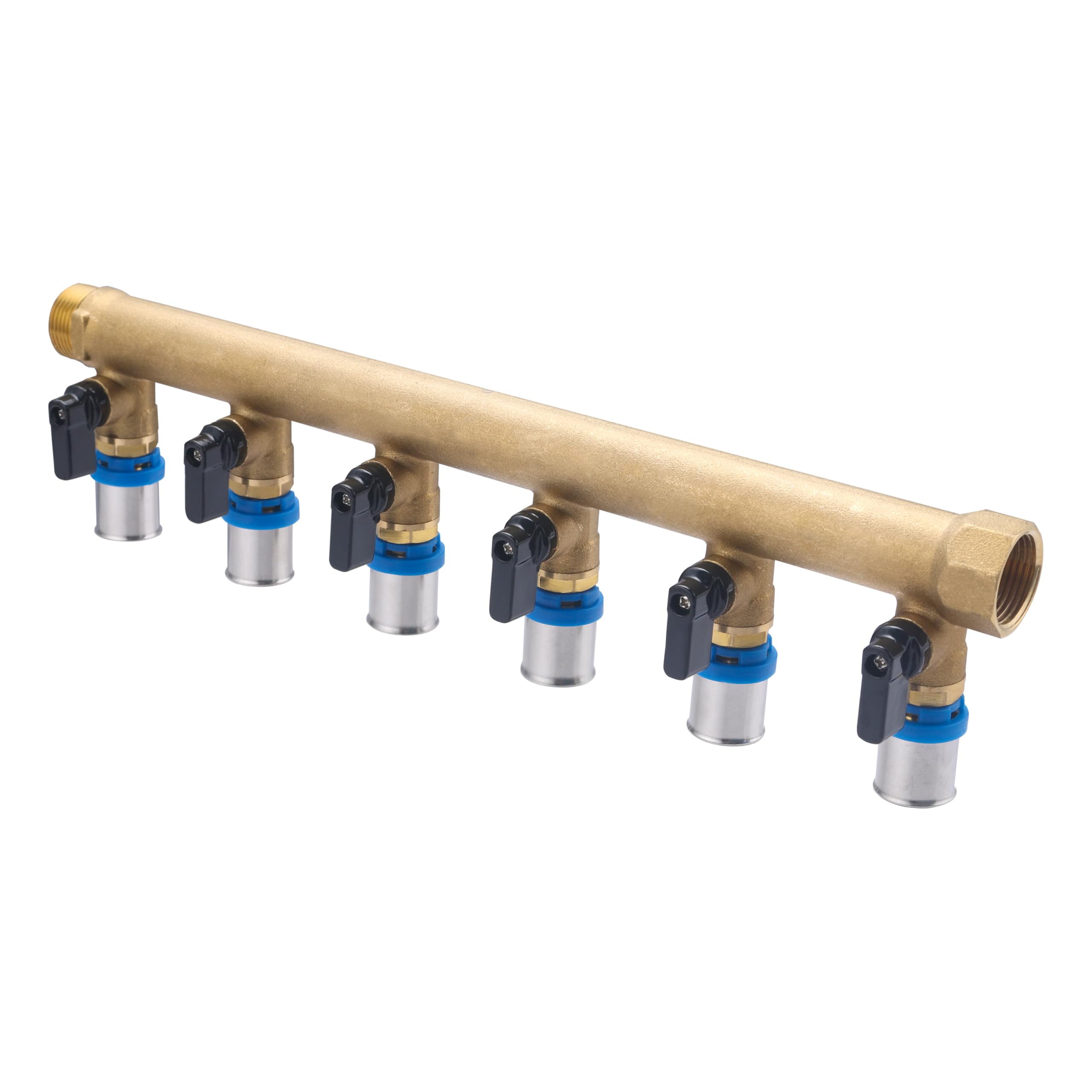 Colector macho-hembra 3/4 con 6 salidas multicapa a prensar Ø20 y válvulas | Latón | Conexión segura, duradera y precisa | Ideal para fontanería | Fácil instalación | QUICK PLOMBERIE