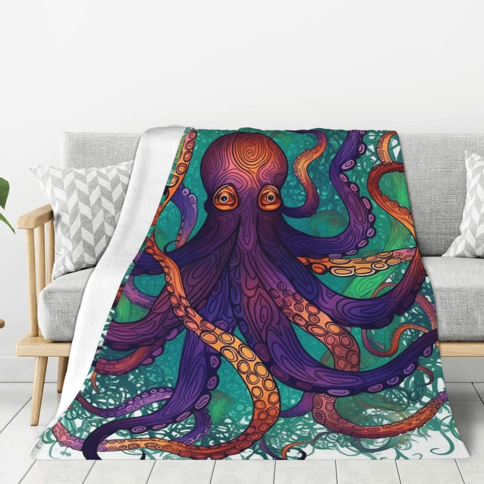 Colorful Octopus Throw Blanket Plush Flannel Fleece Blanket, Soft Lightweight Cozy Blankets 80"X60" for Bed Couch Sofa Travel