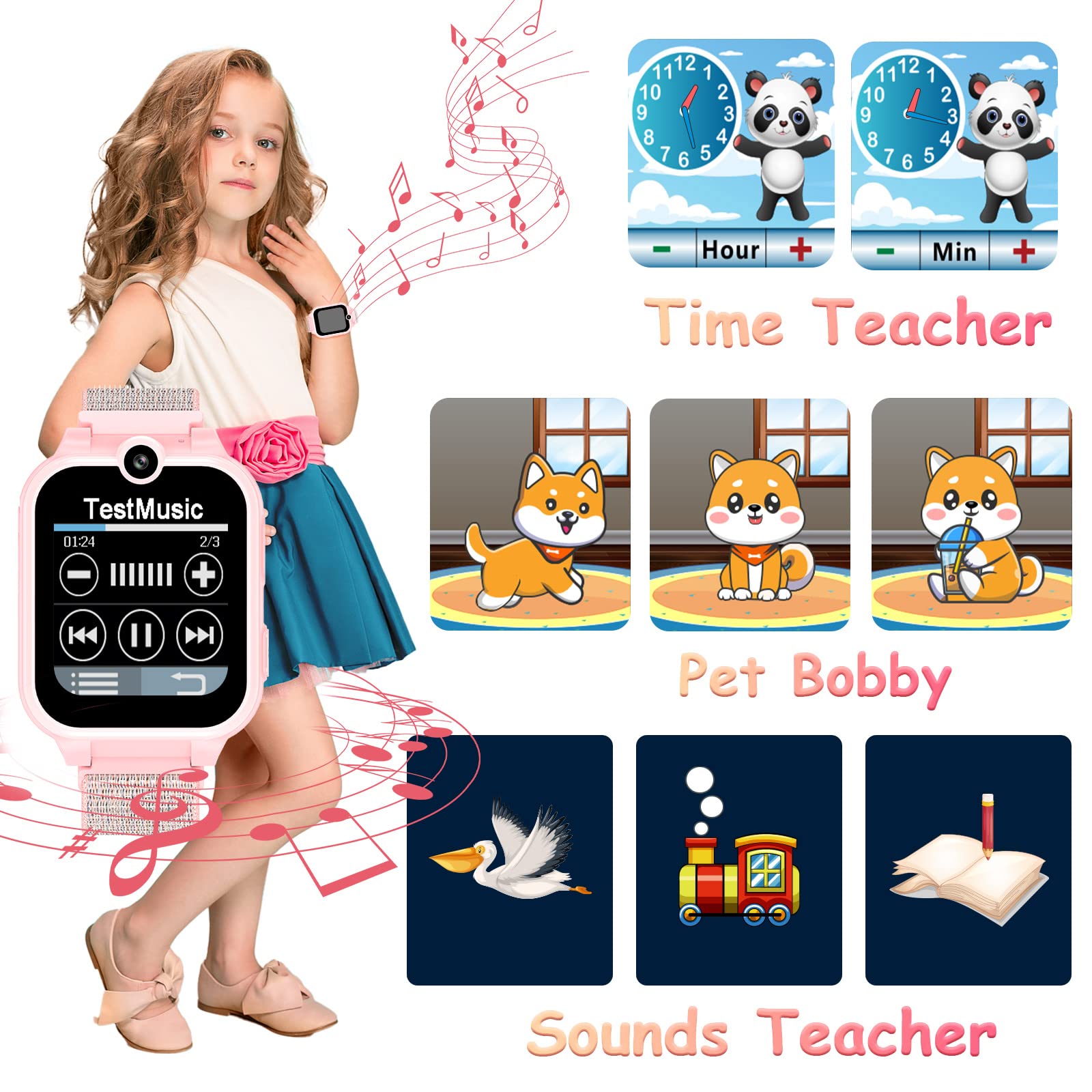 PTHTECHUS Smartwatch Niño Reloj Inteligente Teléfono Infantil con Llamadas SOS, 16 Juegos, Cámara, Música MP4, Despertador, Linterna, Smart Watch Digital para Niña y Niño 4-12 Años Regalo
