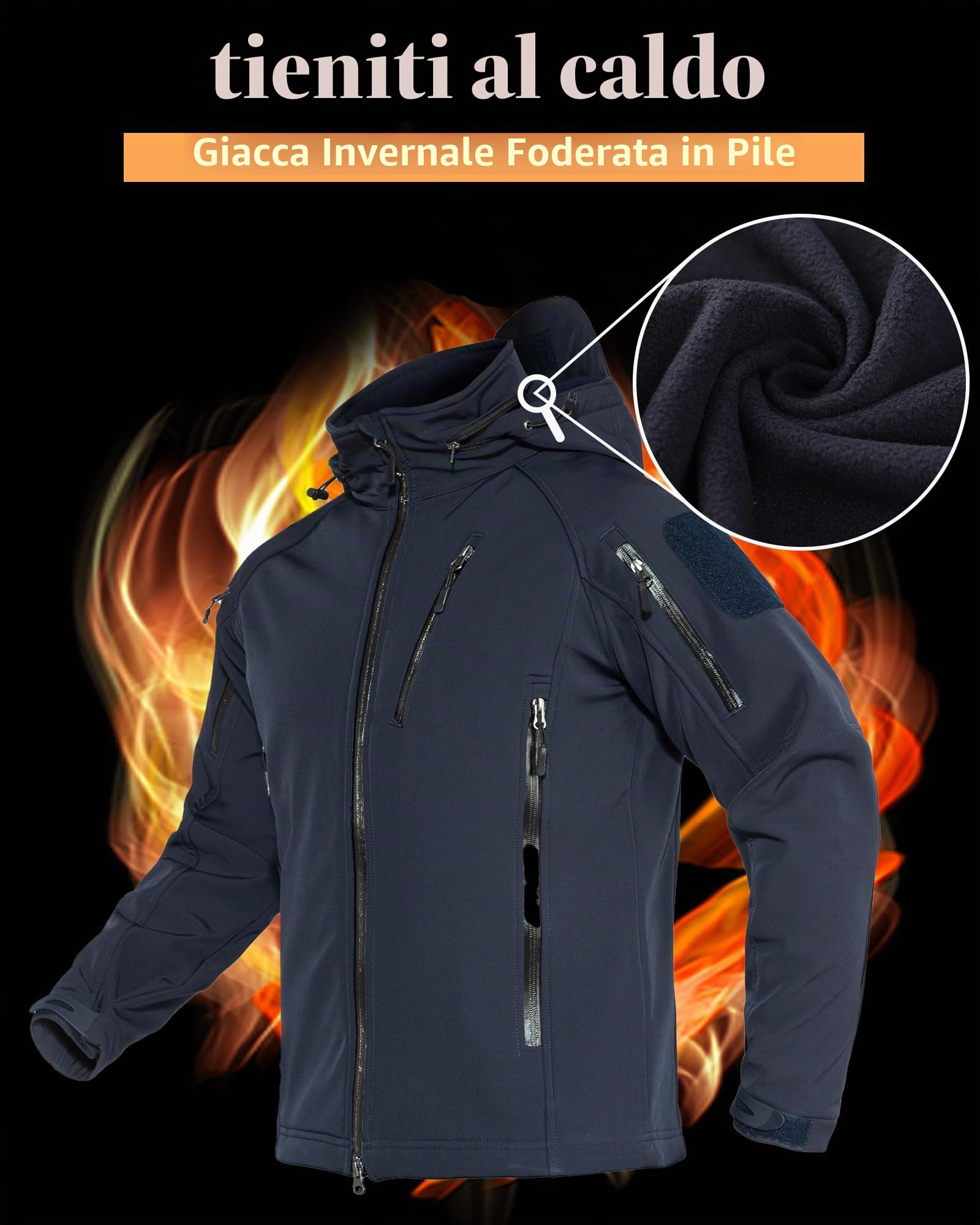 TACVASEN Giacca impermeabile in softshell con cappuccio e tasche multi cerniera per uomo