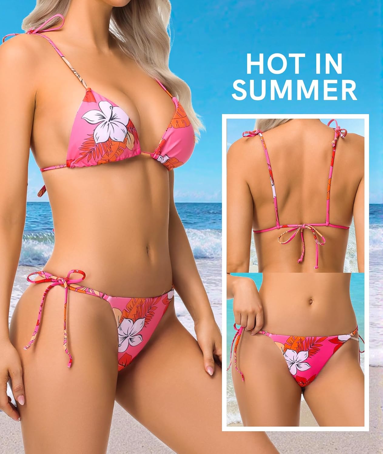 Tie Bikini Thong Bathing Suit Two Piece Swimsuit for Women Floral Triangle Bikini - Image 3