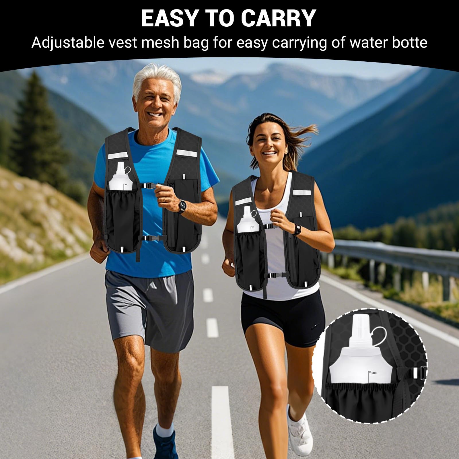 Kamizelka do Biegania dla Kobiet i Mężczyzn z 500ml Miękką Butelką, Kamizelka Hydration z Regulacją na Klatce, Ultralekka & Oddychająca, Odblaskowa do Biegania Kolarstwa Maratonów Biegów