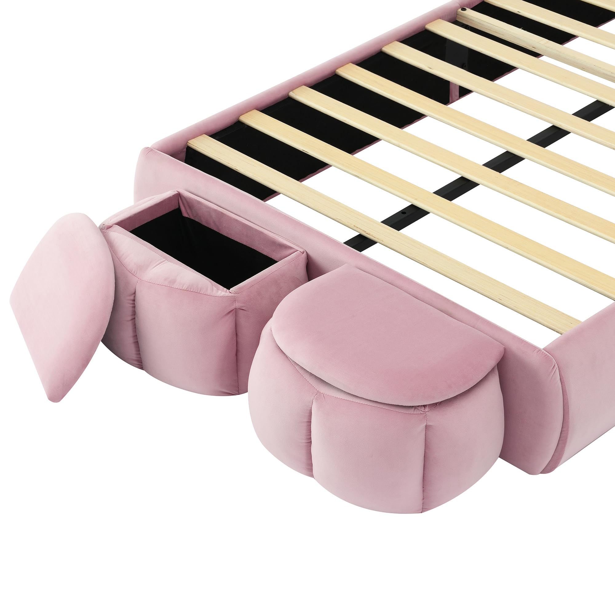 Letto Imbottito per Bambini 90 * 200cm con Due Sgabelli Contenitore, Orecchie di Coniglio con Luce LED, Lettos Singolo con Doghe in Legno, Velluto, Rosa